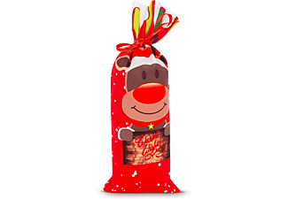 FAMILY CHRISTMAS karácsonyi italos üveg dekor, szalaggal, rénszarvas, poliészter, 32 x 12,5 cm (58727C)