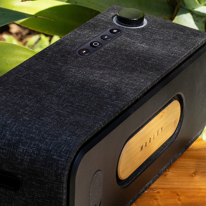 Black speaker with fabric cover, wooden panel, and buttons. Green foliage in the background.