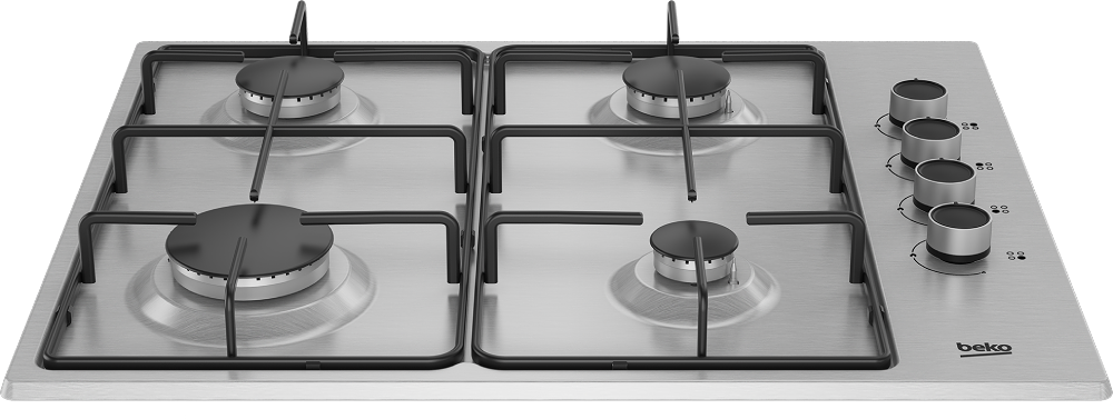 Encimera de gas de acero inoxidable con cuatro quemadores y mandos. Parrillas y quemadores negros.
