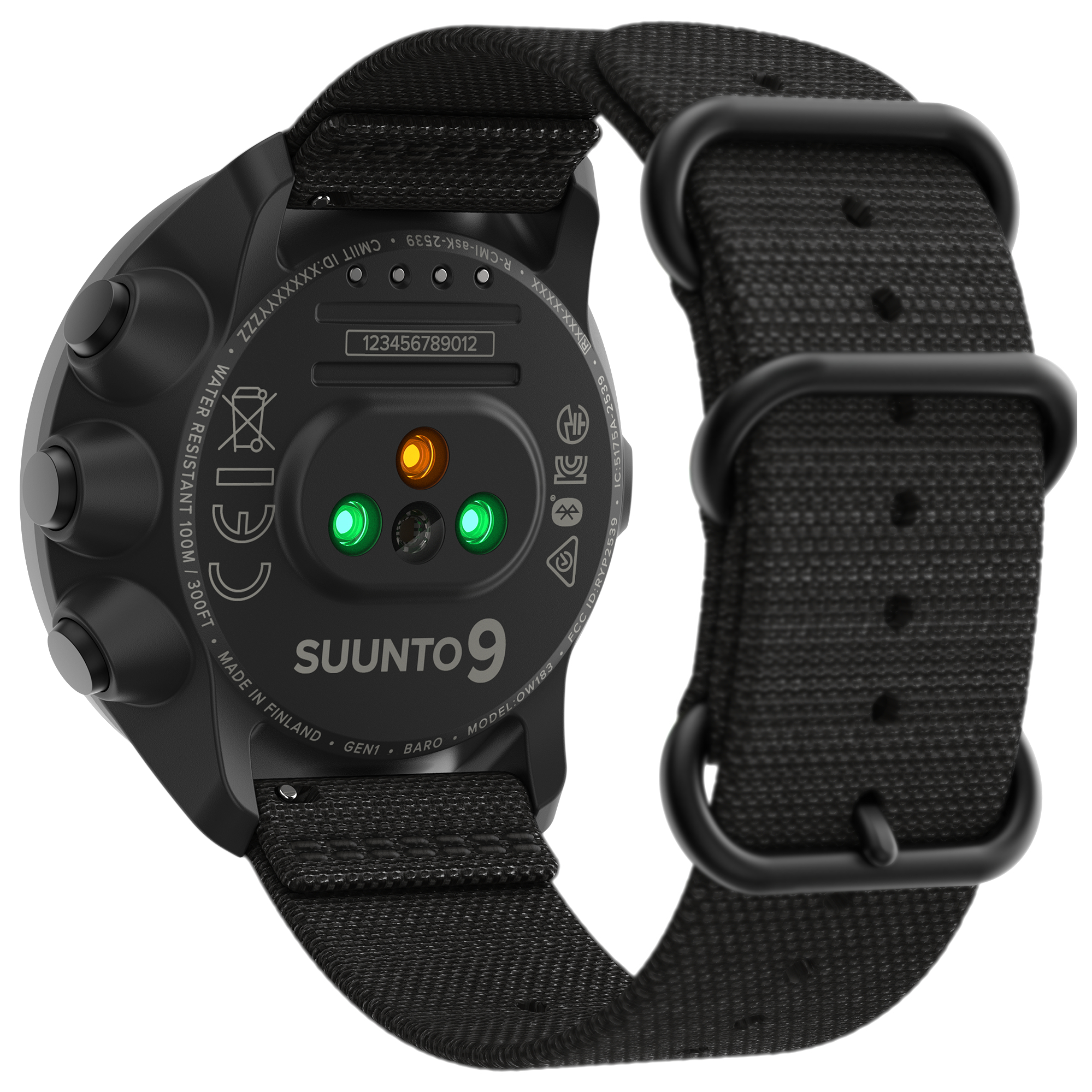 Schwarze Suunto 9 Uhr, Unterseite zeigend. Mit Knöpfen und Herzfrequenzsensor.