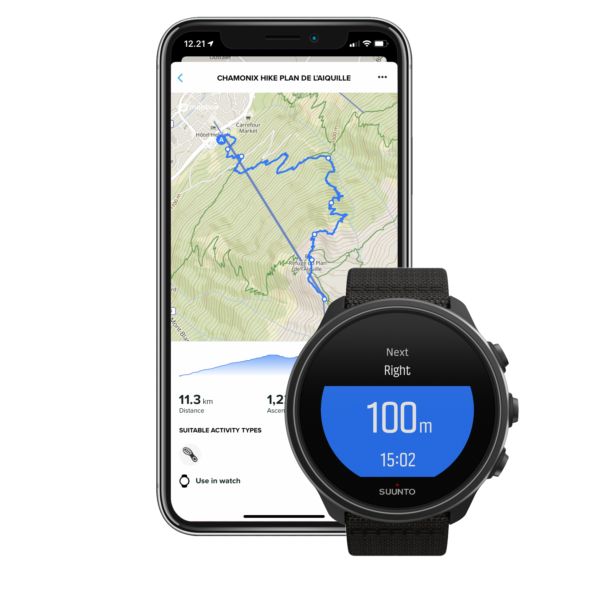 Smartphone mit Wanderkarte und Suunto-Uhr mit Distanz und Zeit.