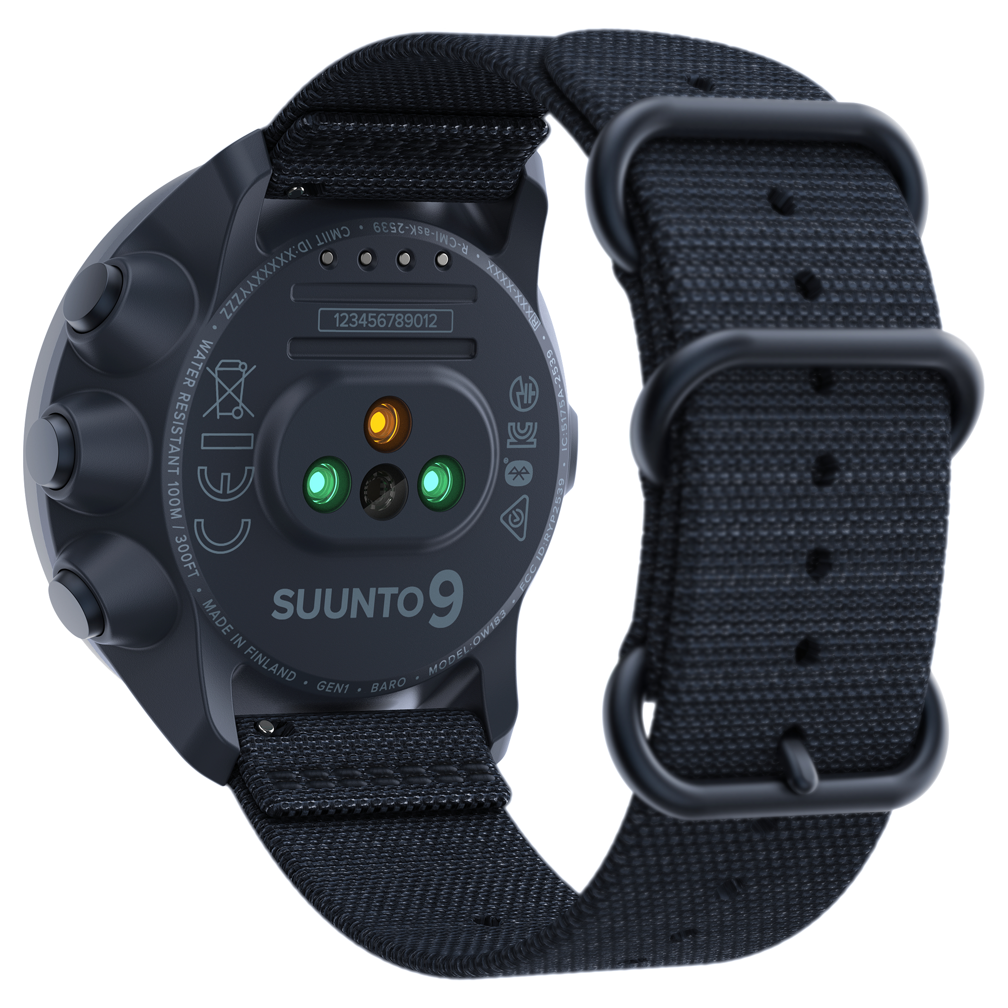 Schwarze Suunto 9 Uhr mit schwarzem Armband. Rückseite zeigt Sensoren und Zahlen. Weißer Hintergrund.