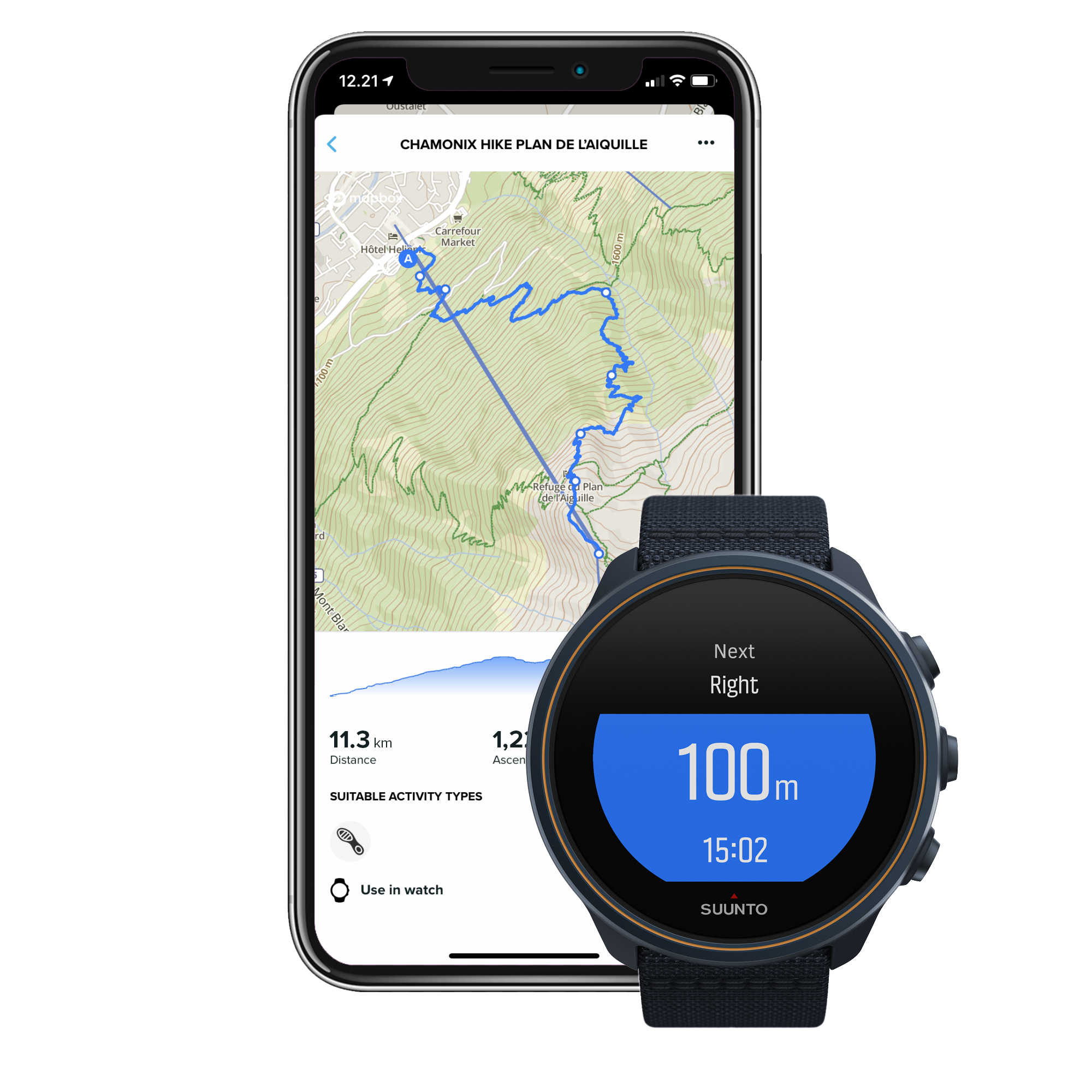Eine Smartwatch zeigt eine Karte und Metriken neben einem Smartphone mit Karte.