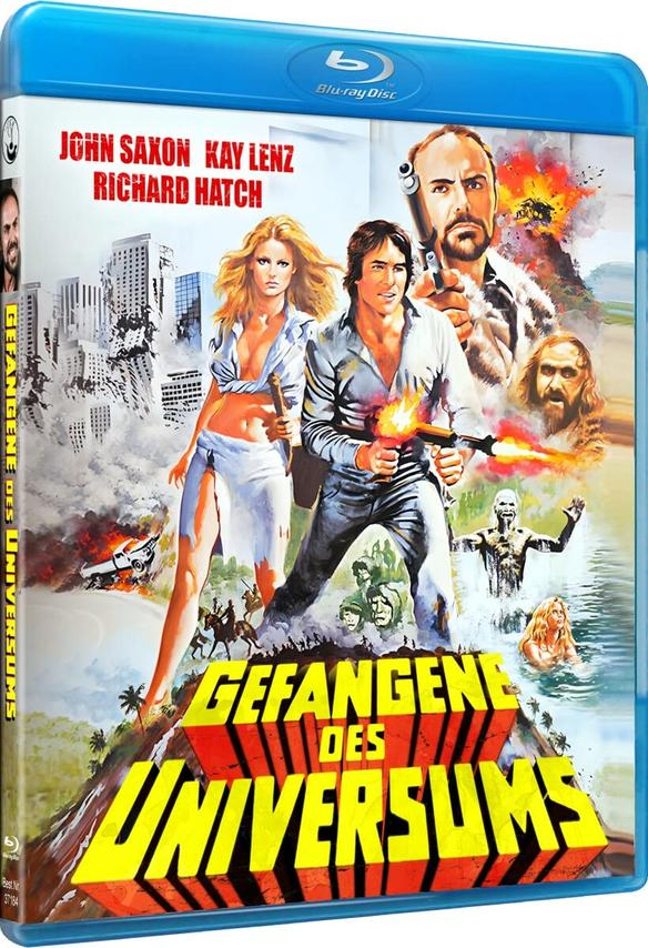 Filmposter mit einer dramatischen Szene mit Schauspielern und dem Titel 'Gefangene des Universums'.