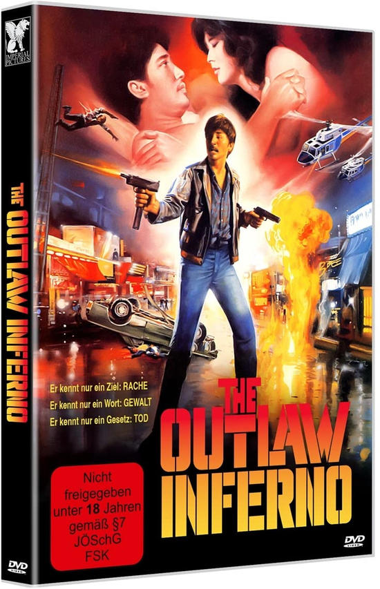 DVD-Cover von 'The Outlaw Inferno' mit Mann mit Waffen und rotem, feurigen Hintergrund.