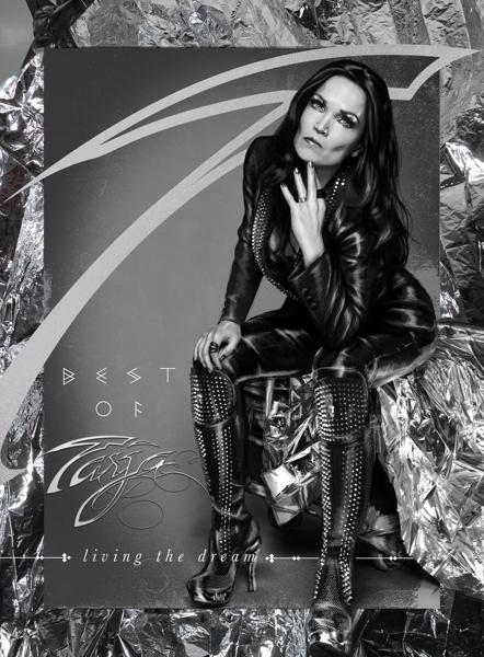 Albumhoes: Tarja in zwart leer. Titel: Best Of. Zilveren achtergrond, dramatische pose.
