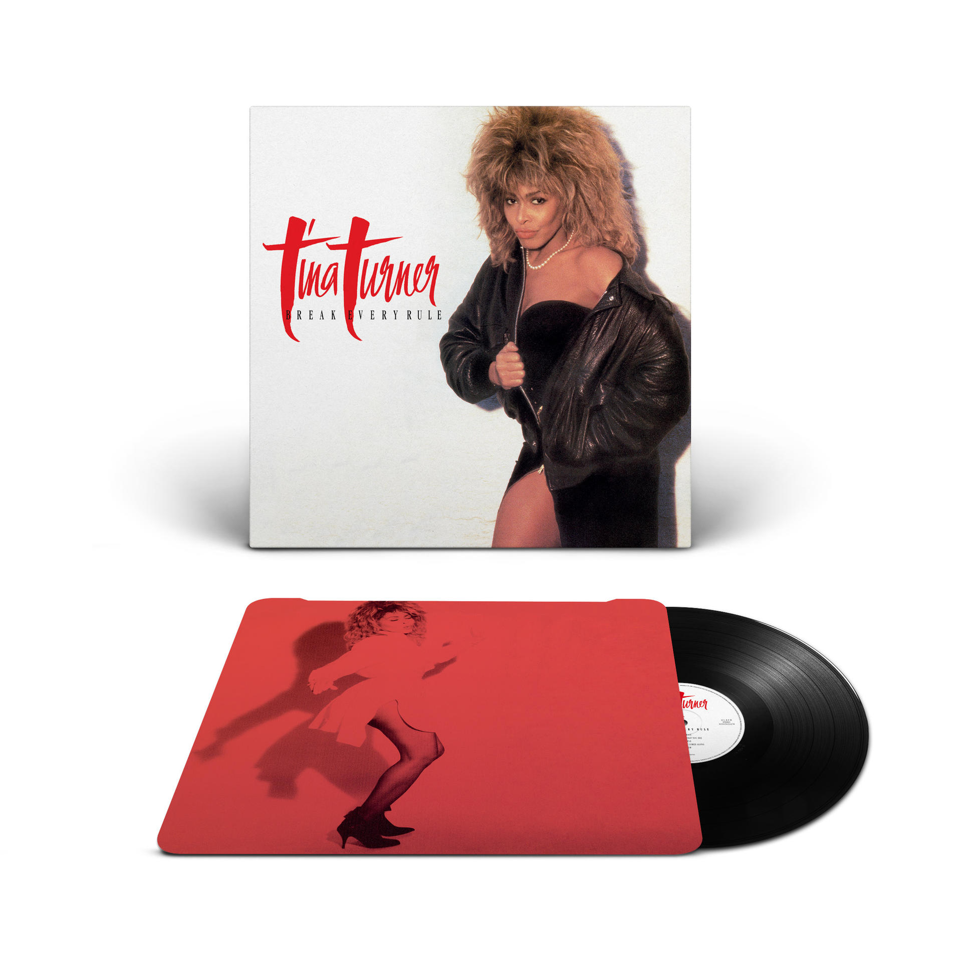 Albumhoes van Tina Turner's 'Break Every Rule' en vinylplaat. De hoes toont Tina in zwart leer.