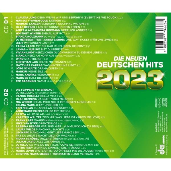 Eine CD-Hülle mit einem Musikalbum 2023. Das Cover zeigt eine Liste von Songs und Künstlern.