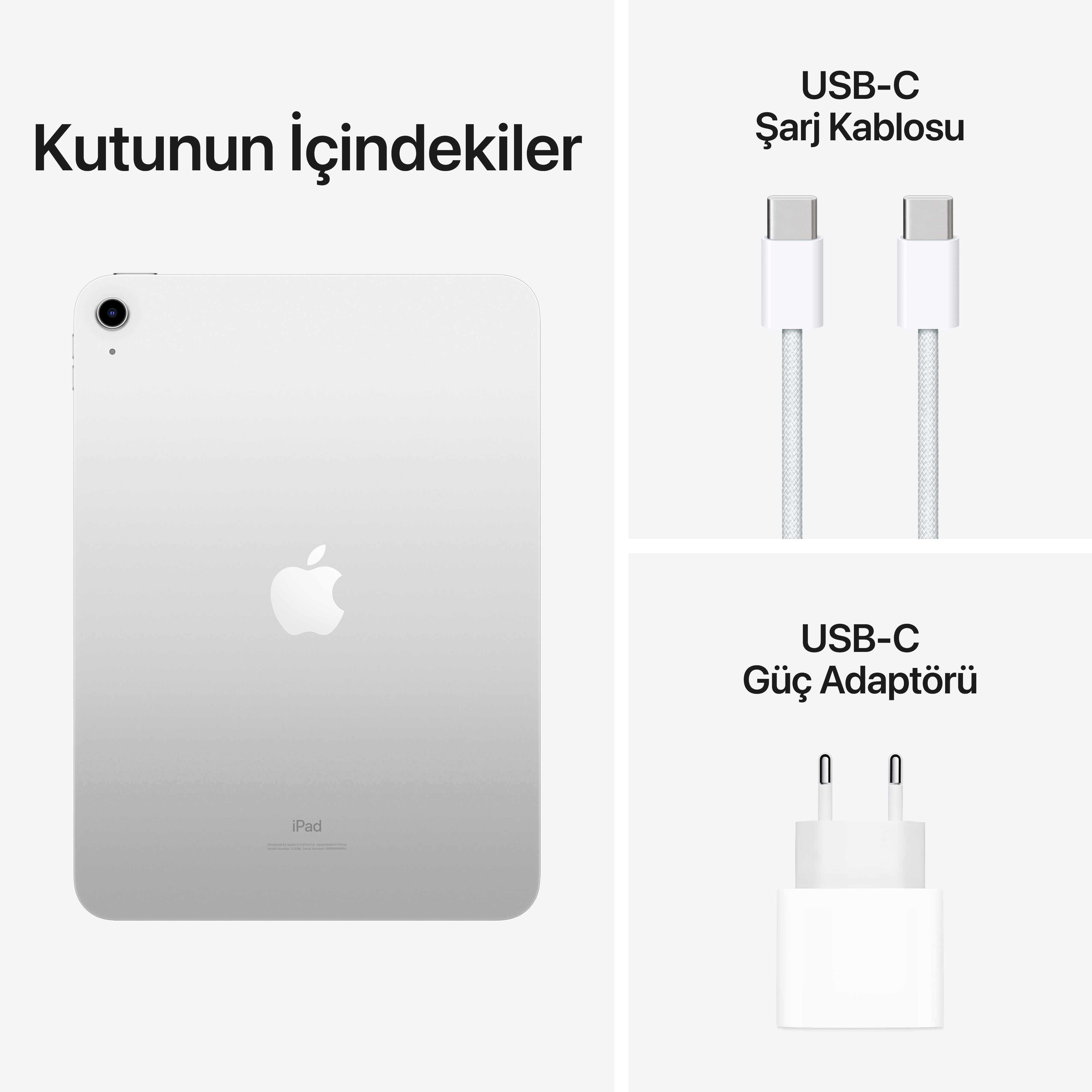 Bir iPad ve aksesuarlar. Bir şarj kablosu ve güç adaptörü içerir. Türkçe metin.