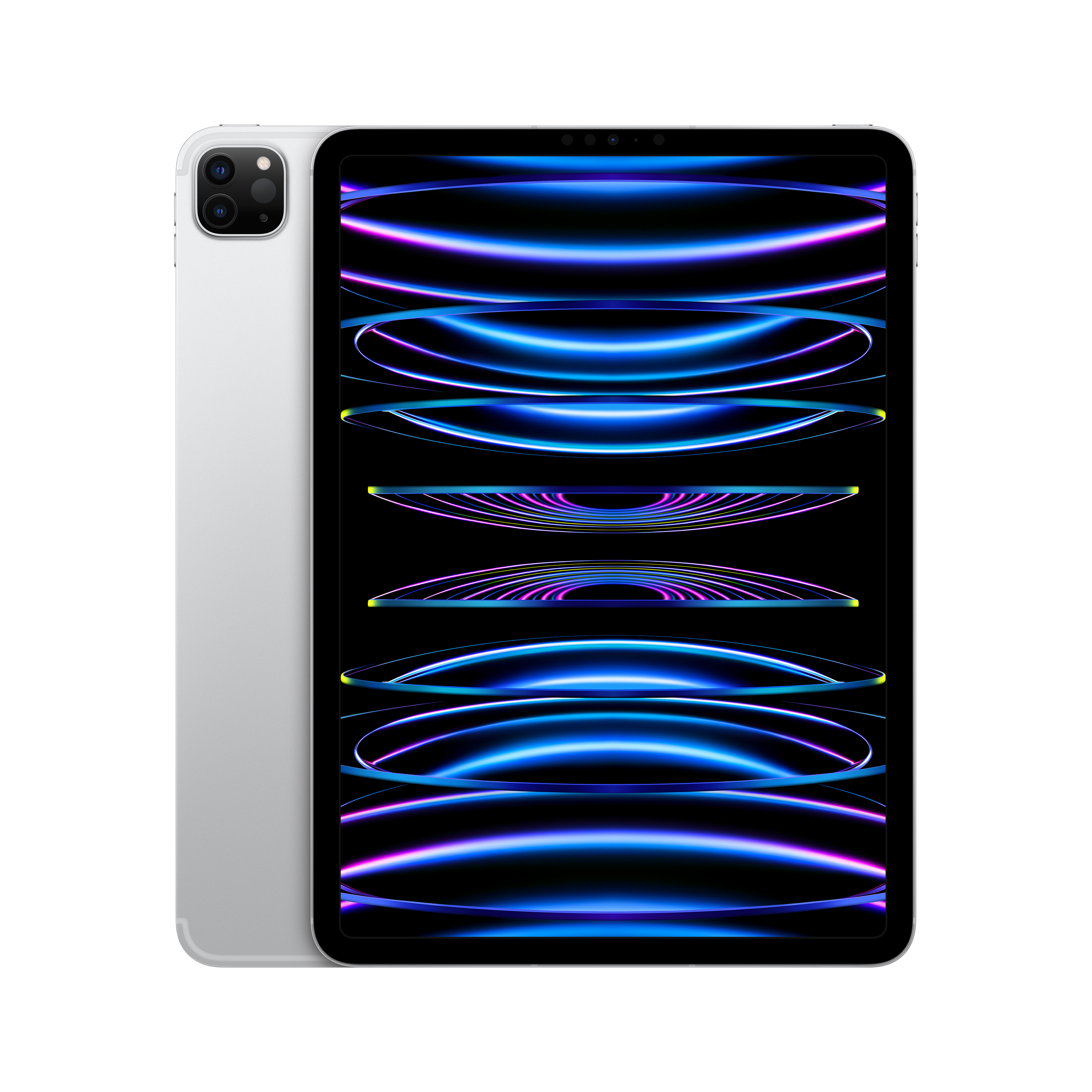 Gümüş iPad Pro, ön ve arka görünümleri. Ekran, siyah zemin üzerinde renkli soyut bir tasarım gösteriyor.