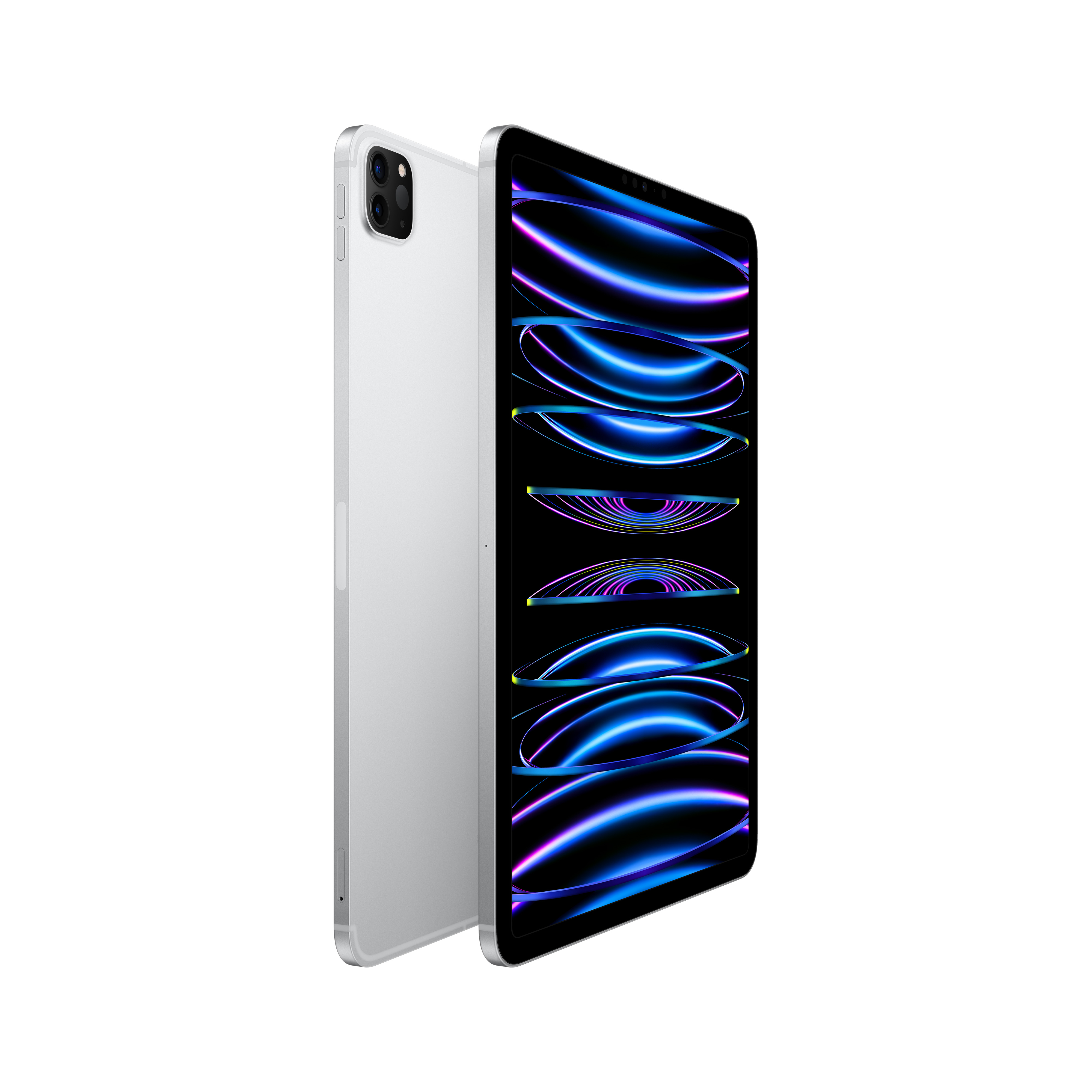 Ekranı açık beyaz ve gümüş tablet. Arkada Apple logosu. Beyaz zemin.