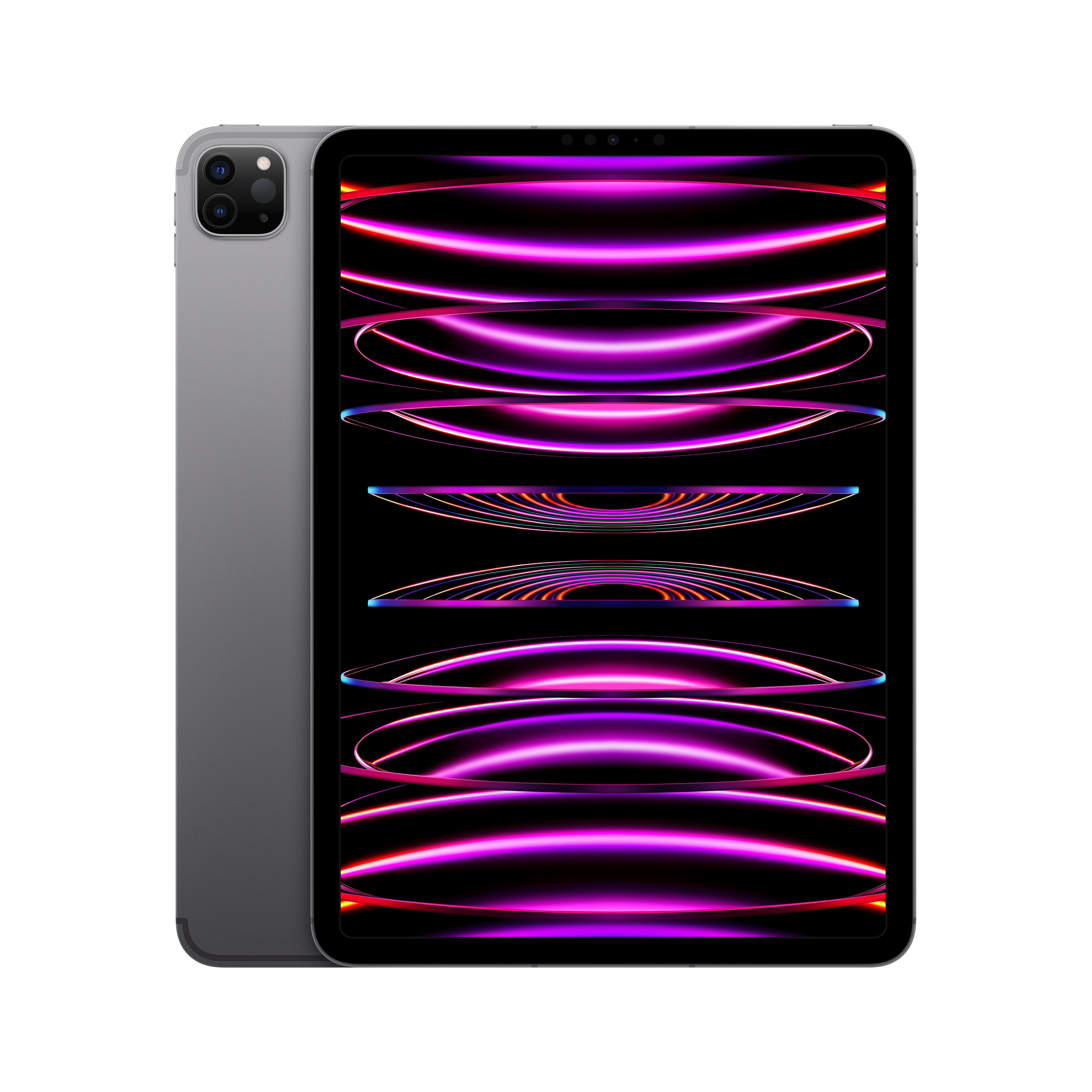 Gri renkte iPad Pro, kameraları ve ön ekranı gösteriyor. Mor gradyan renkler görünür.