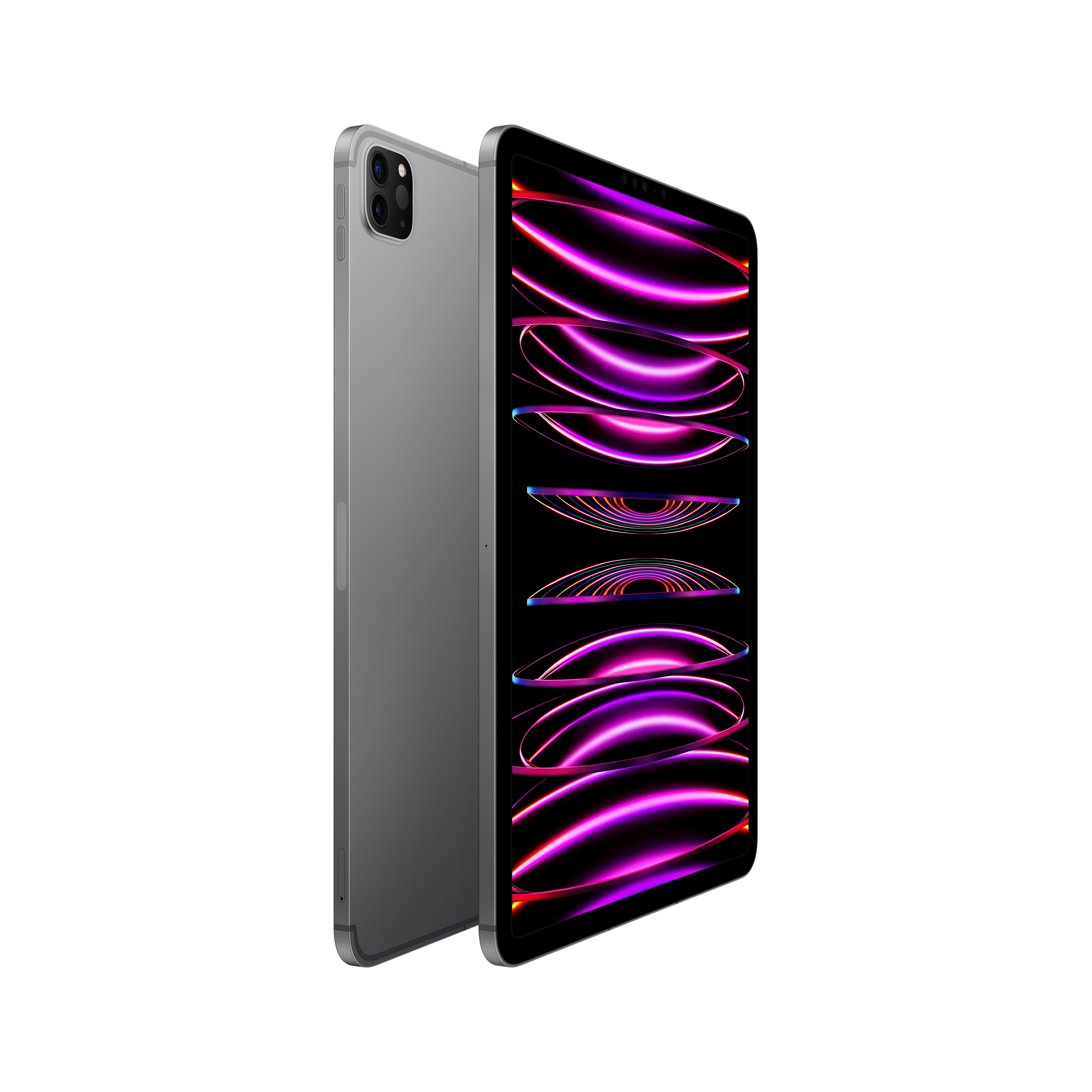 Ekranı açık gri tablet. Arkada Apple logosu. Beyaz zemin.