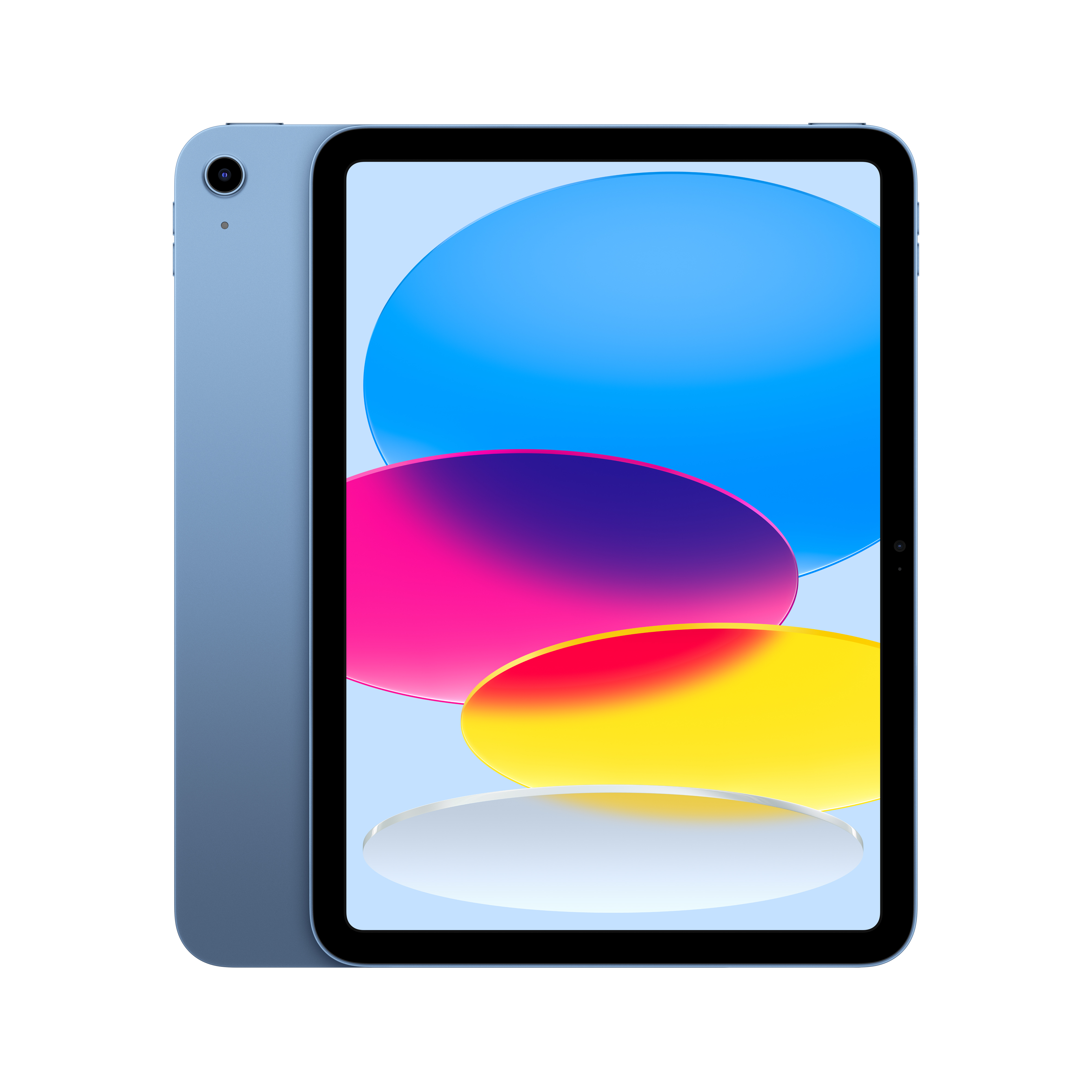 Ekranı açık mavi tablet. Arkada Apple logosu. Beyaz zemin.