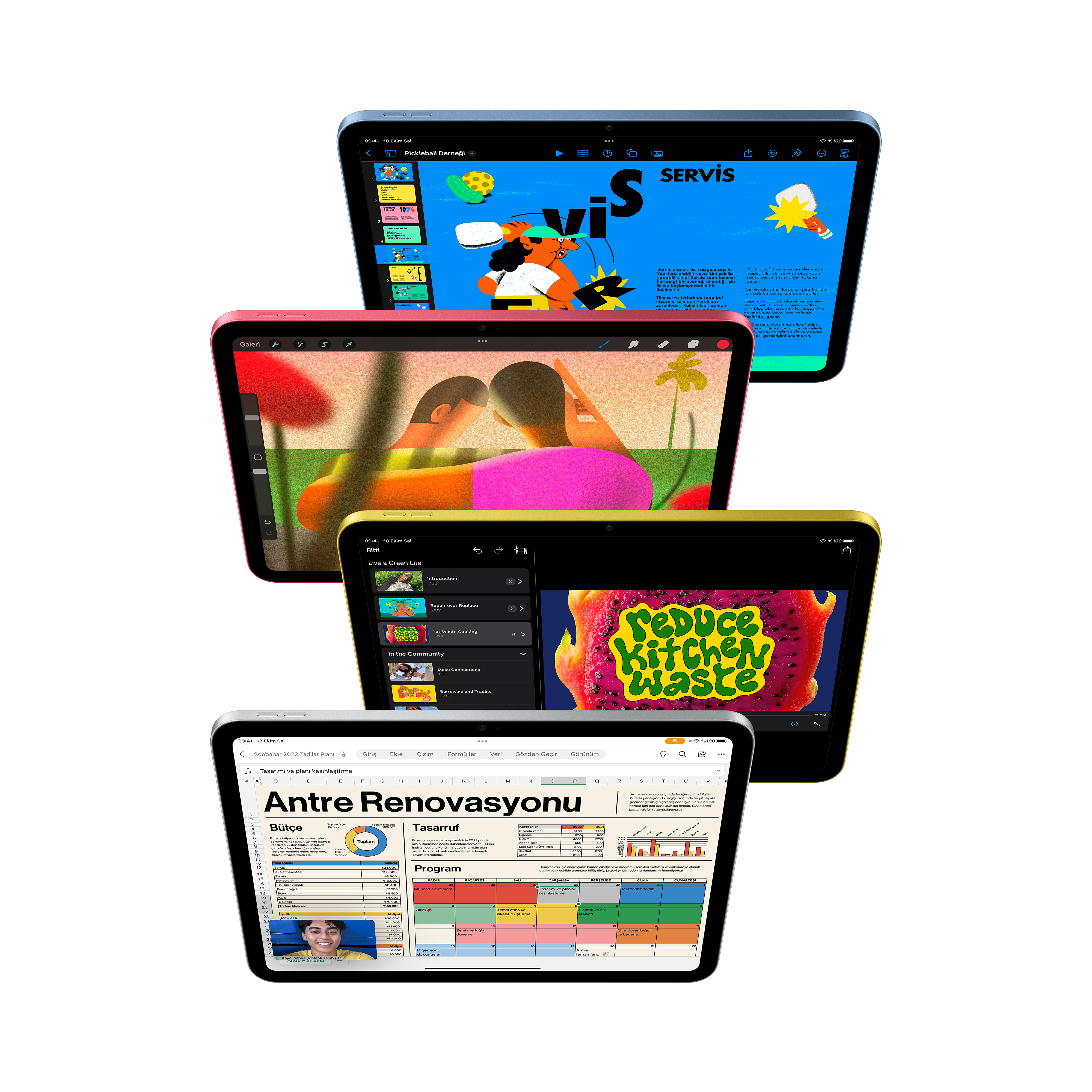 Ekranlarında farklı içerikler görüntüleyen dört iPad.