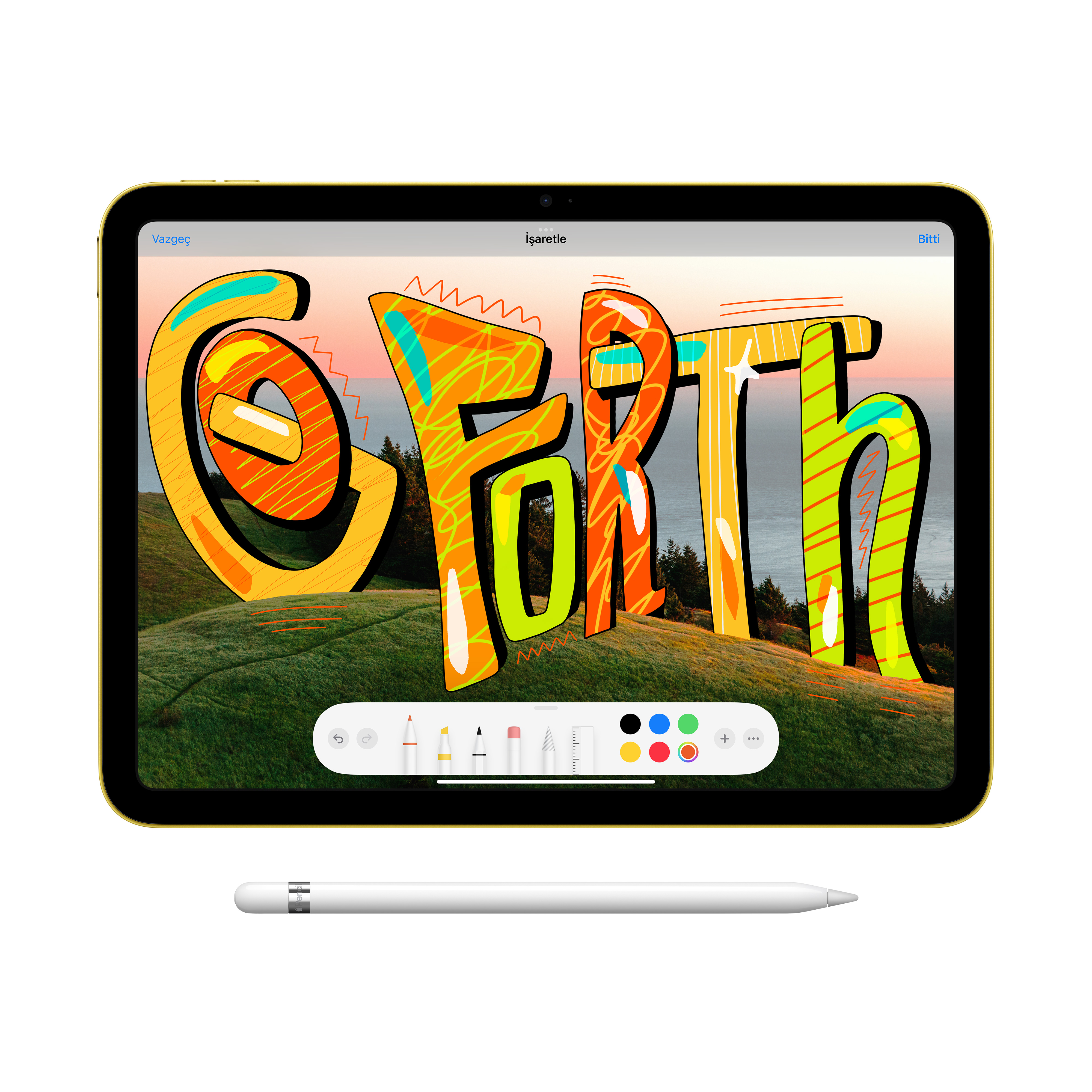 Sarı bir iPad ve bir kalem. Ekran, üzerinde "FORTH" kelimesi olan renkli bir çizim gösteriyor.