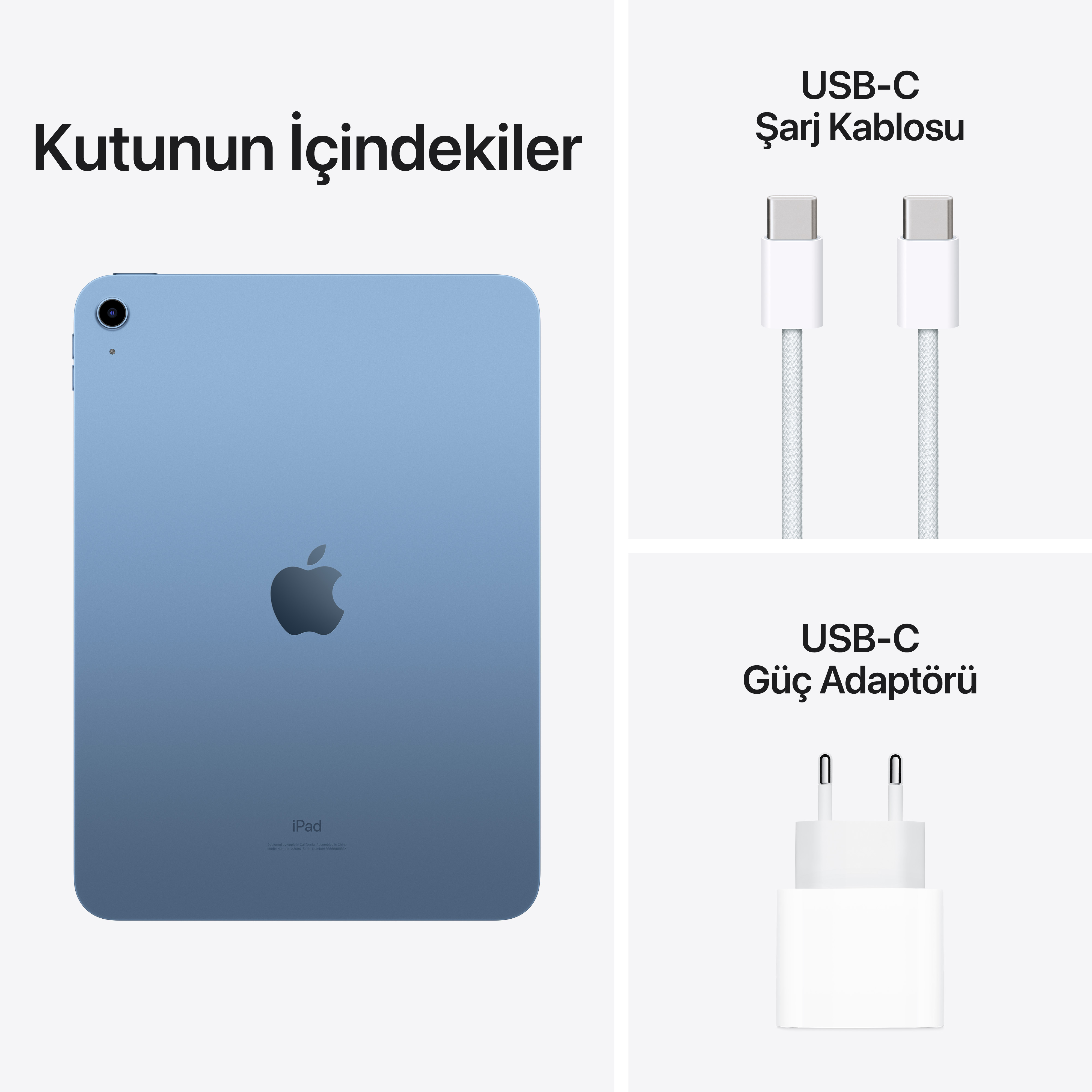 iPad, şarj cihazı ve kablo. Beyaz zemin. iPad mavi. Öğeler beyaz yüzeyde.