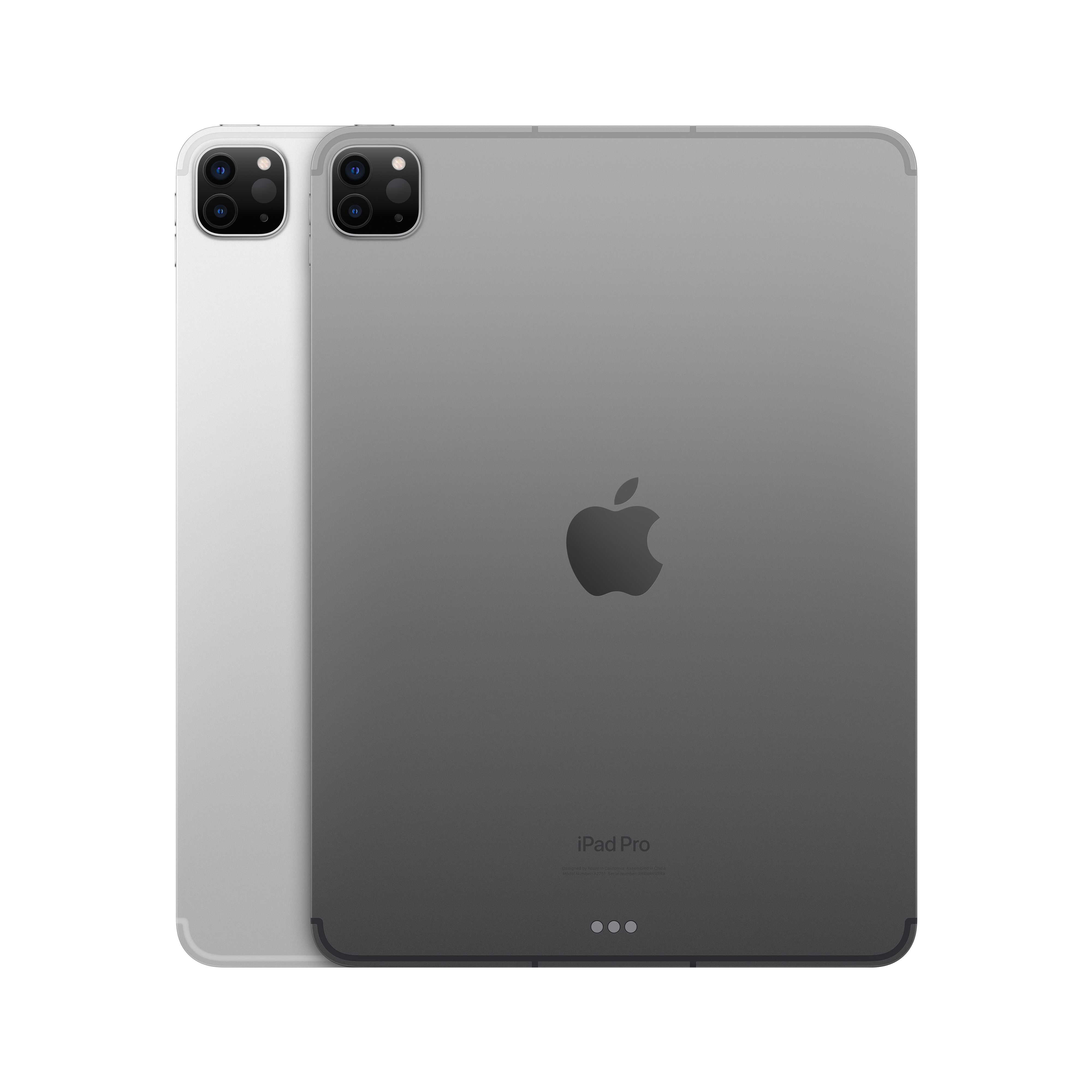 İki iPad Pro, biri gümüş diğeri gri, beyaz bir yüzey üzerinde yığılmış, arkaları görünüyor.