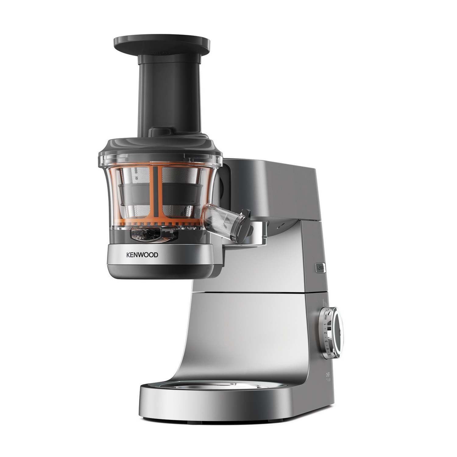 Centrifuga Kenwood, acciaio inox, con filtro arancione e parte superiore nera.