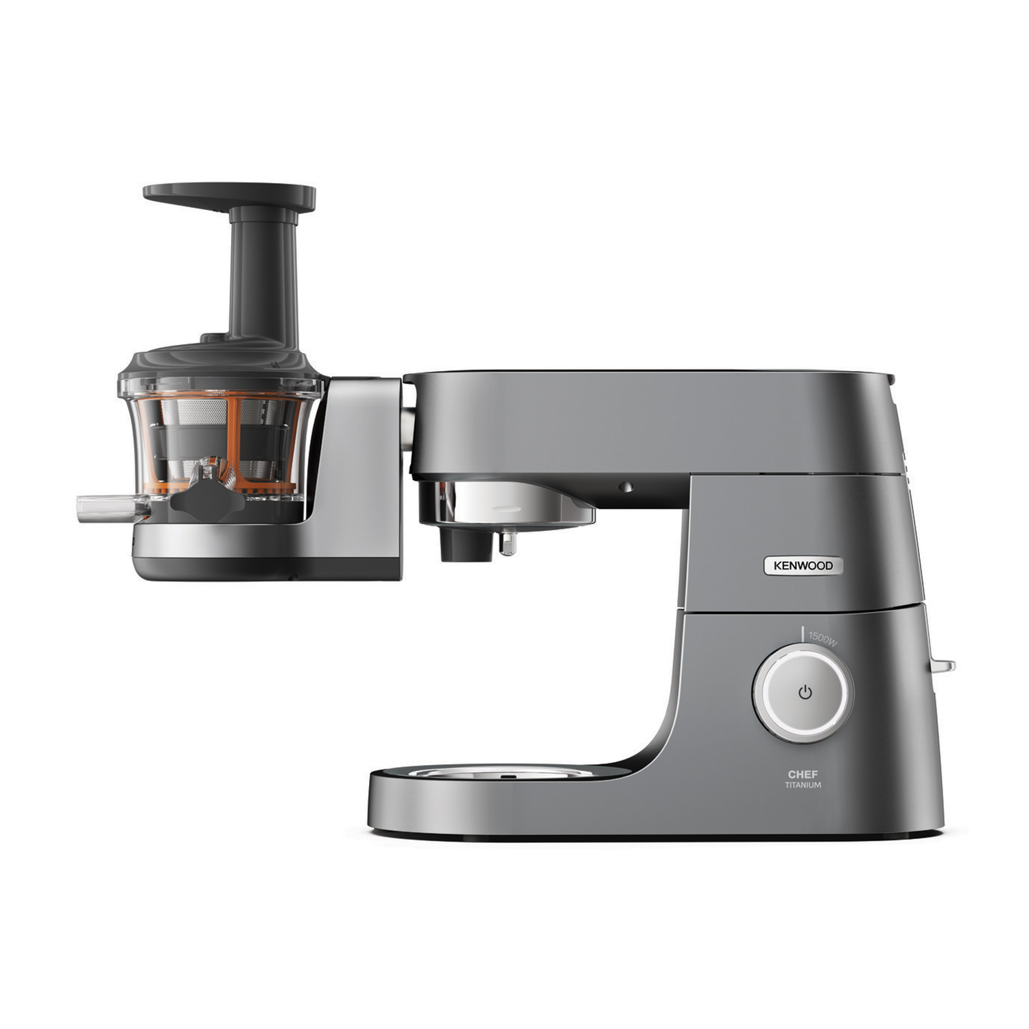 Un robot da cucina Kenwood Chef Titanium grigio con un accessorio spremiagrumi. È su uno sfondo bianco.