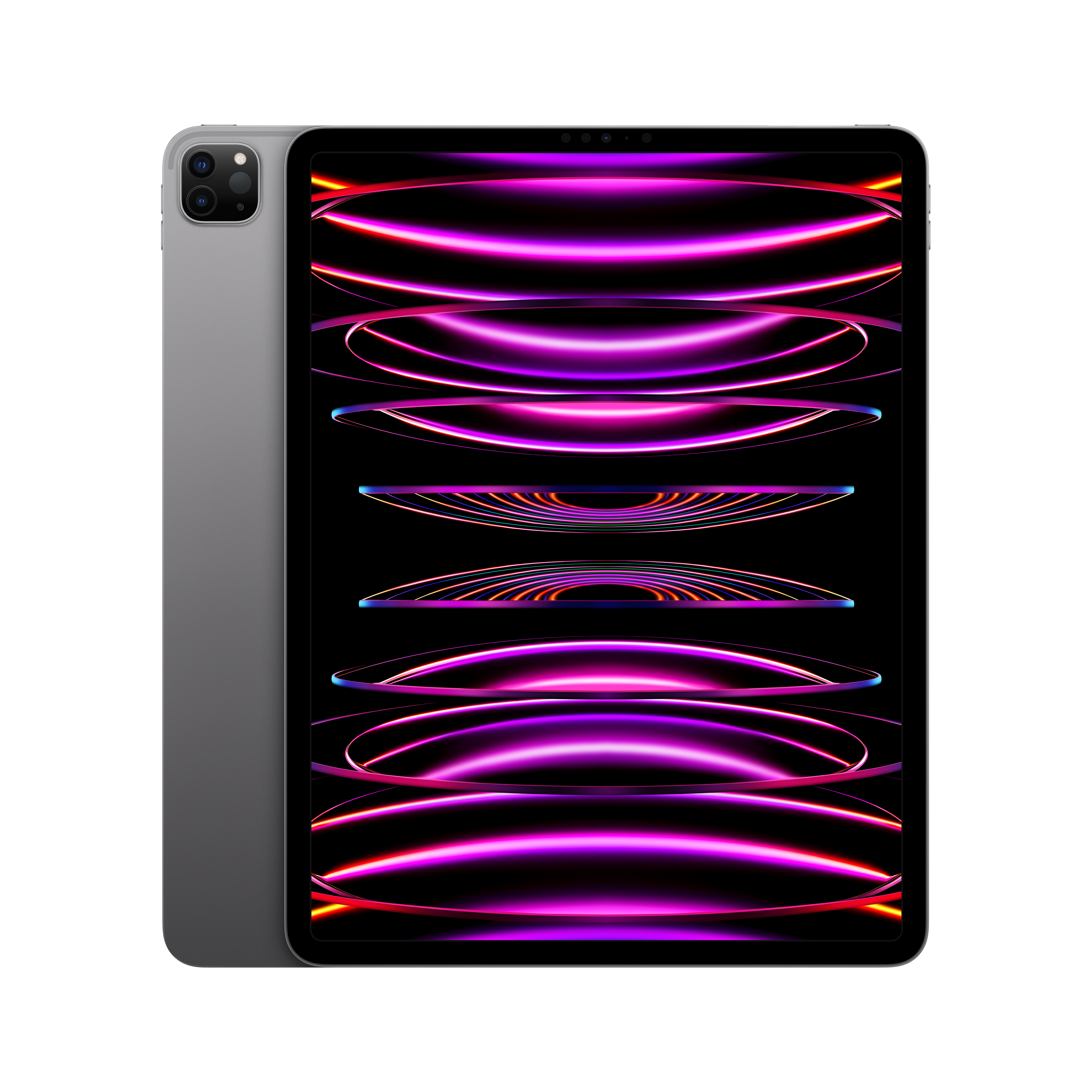 Gri iPad Pro, ön ve yan görünüm, neon renkler gösteren ekranla.