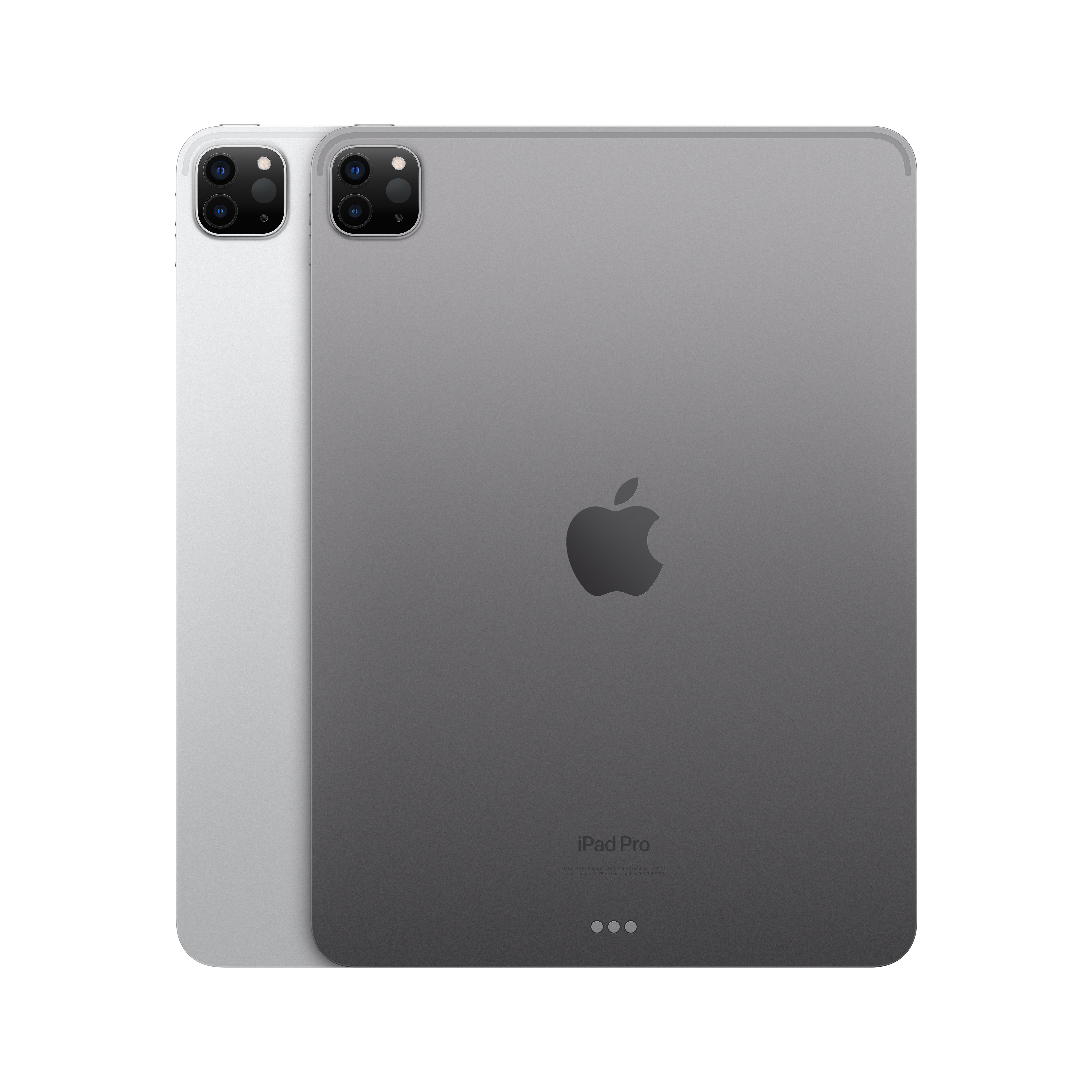 İki iPad, biri gümüş diğeri gri, arkada Apple logosu görünüyor.