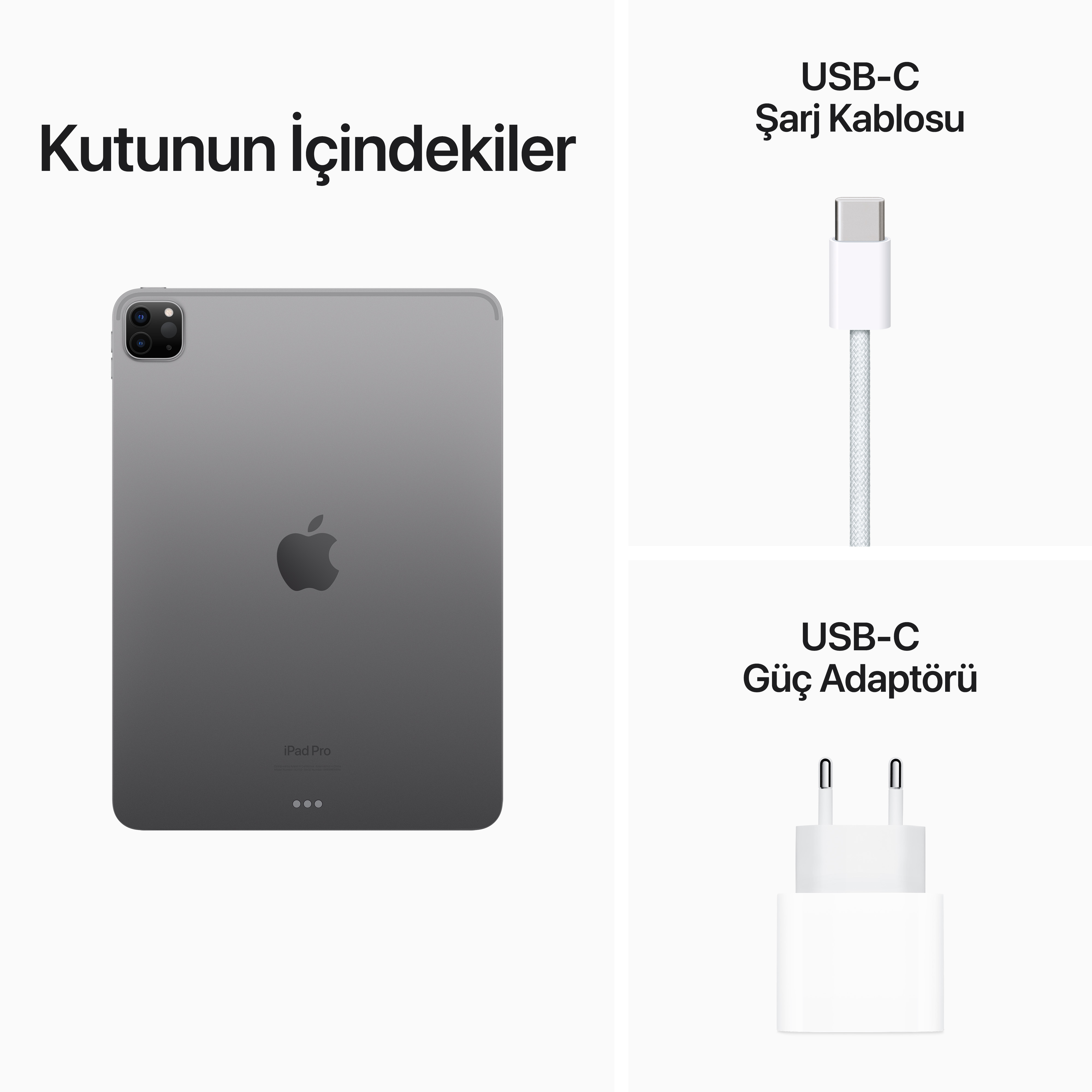 iPad ve aksesuarları. iPad, şarj kablosu ve güç adaptörü içerir.