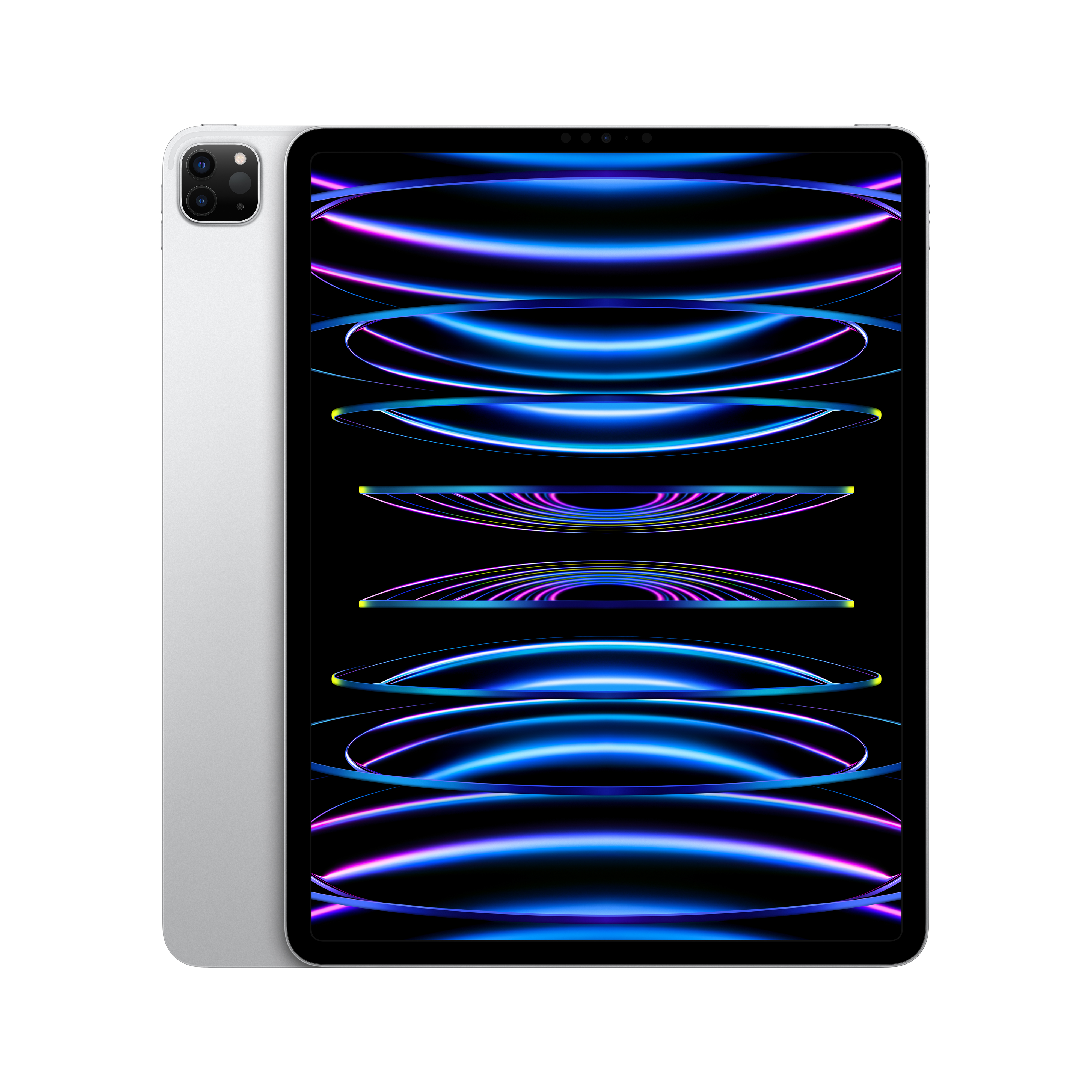 Neon ışıkları gösteren bir ekranı olan gümüş iPad Pro. Arka kamera görünür durumda.