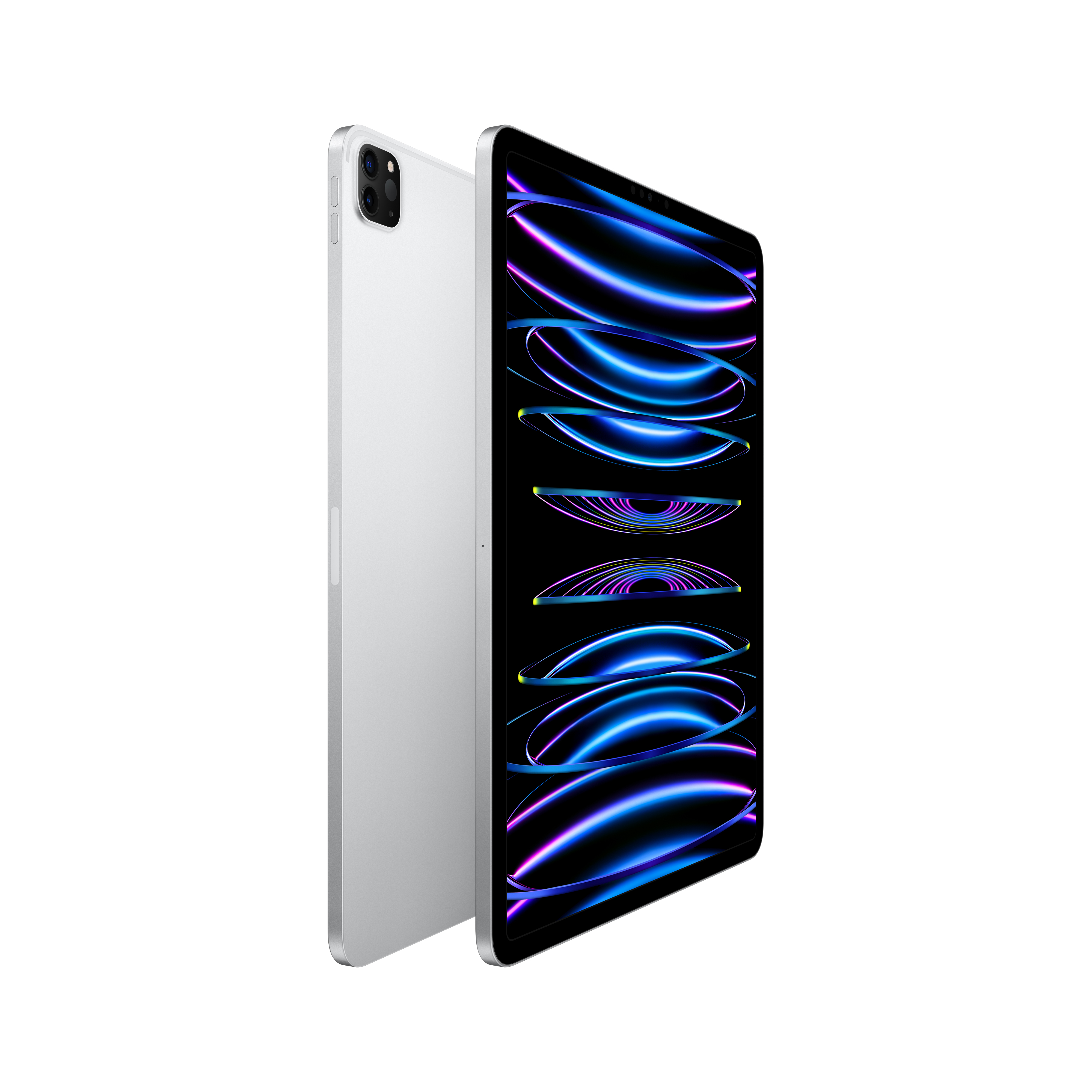 Ekranı açık beyaz ve gümüş tablet. Arkada Apple logosu. Beyaz zemin.