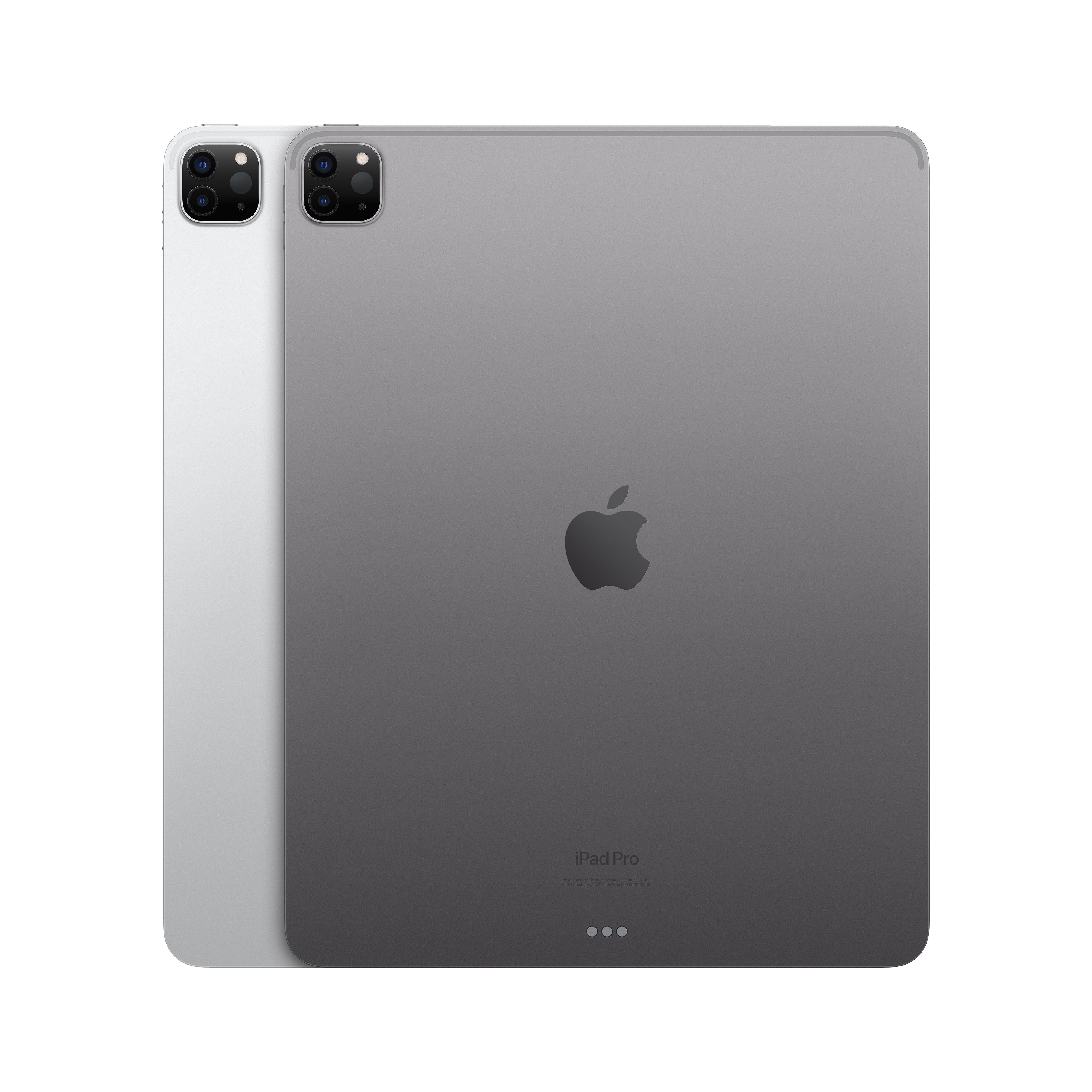 İki iPad, biri beyaz, diğeri gri, cihazların arkası görünüyor.