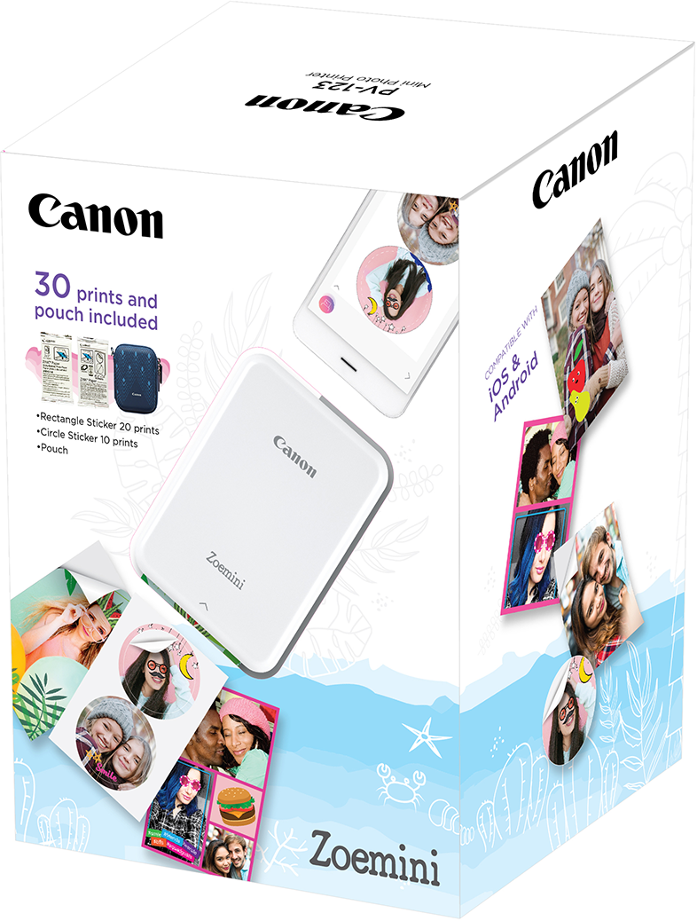 Canon Zoemini Mini fotónyomtató doboz. Tartalmaz nyomtatót, tokot és matricákat. A dobozon nyomtatott fotók.
