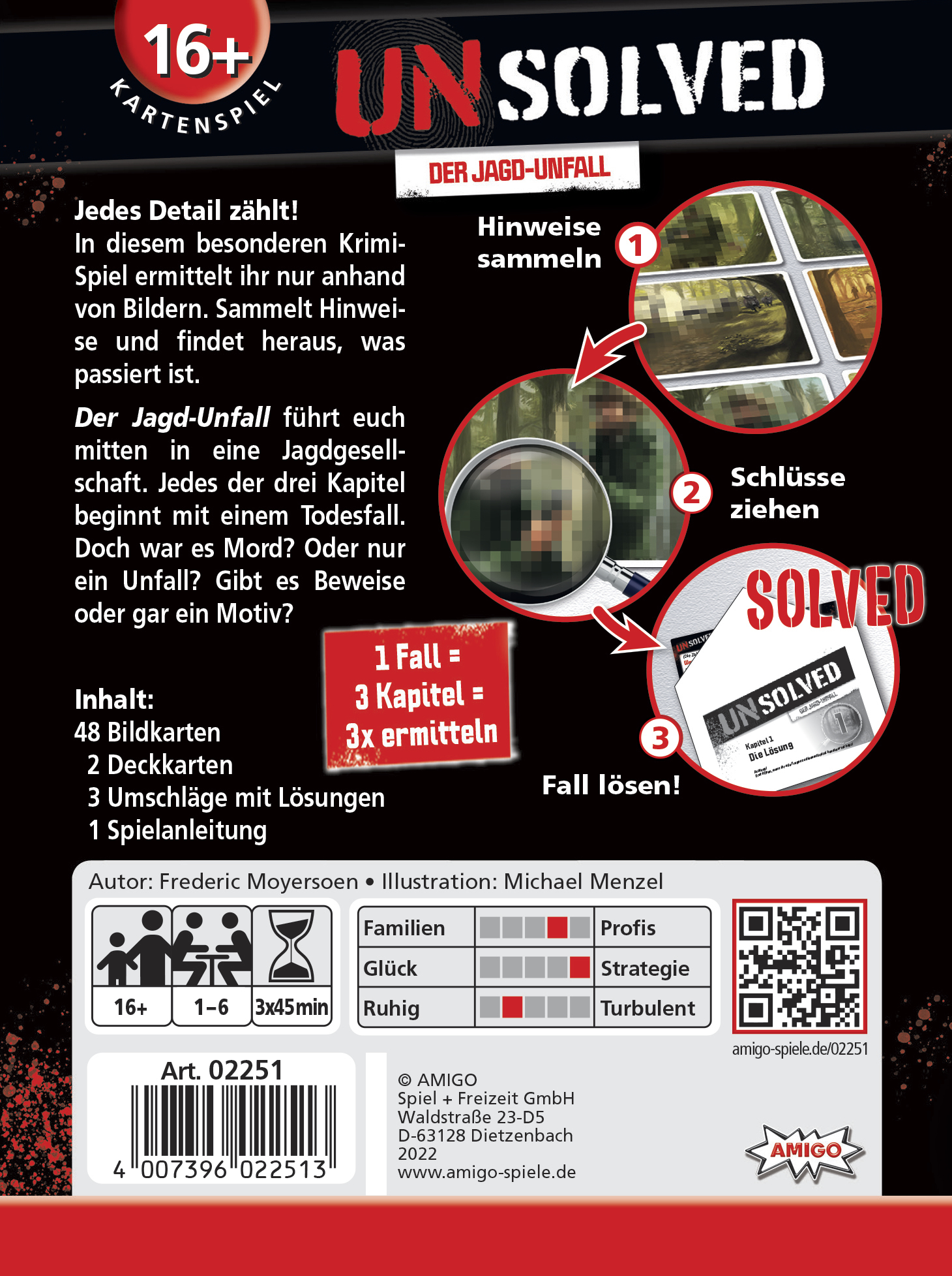 Ein Brettspielkarton mit Text und Bildern. Er zeigt den Namen 'UNSOLVED' und ein Bild eines Tatorts.
