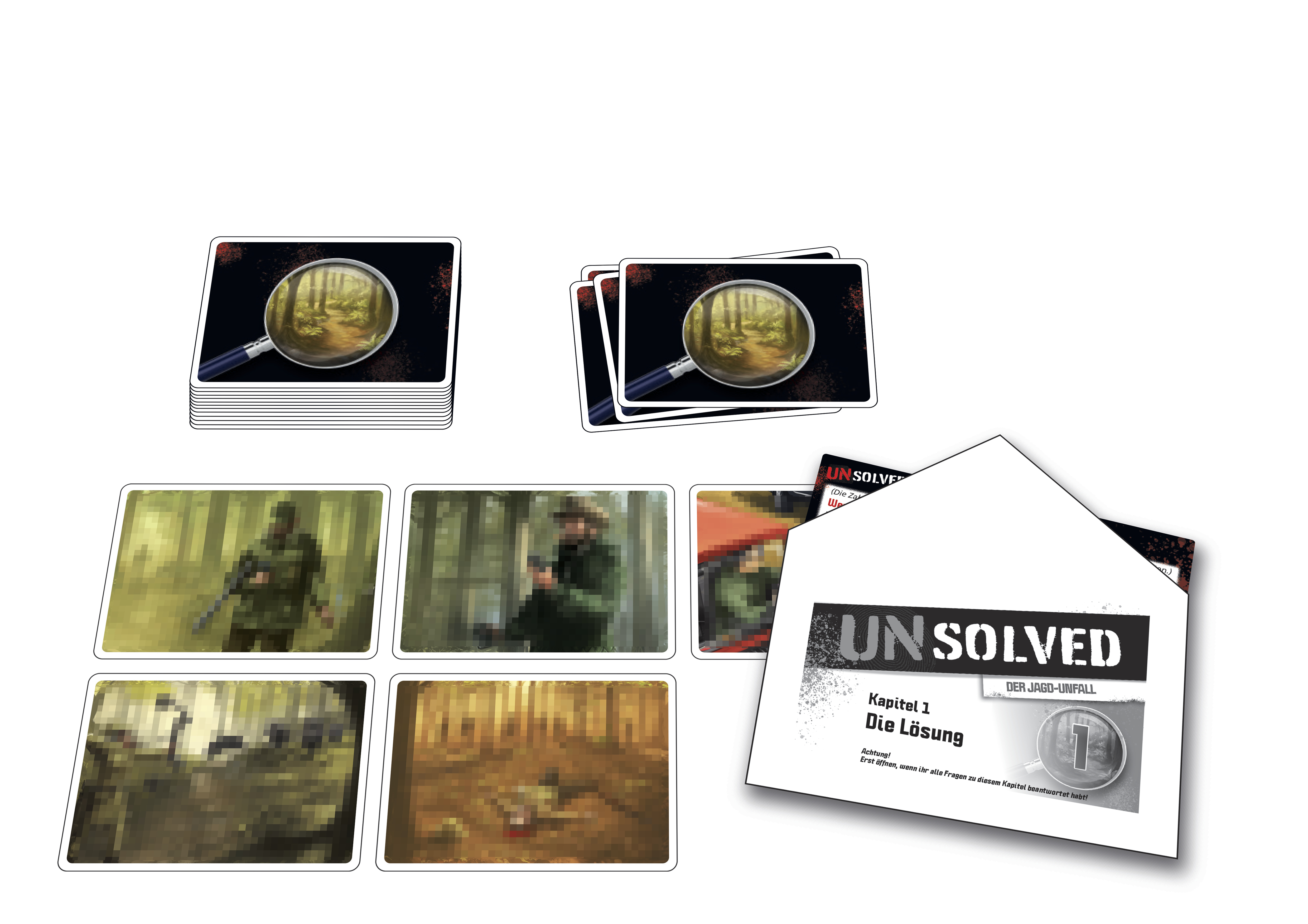 Unsolved-Spielkarten und eine Lupe, mit verschwommenen Waldbildern.