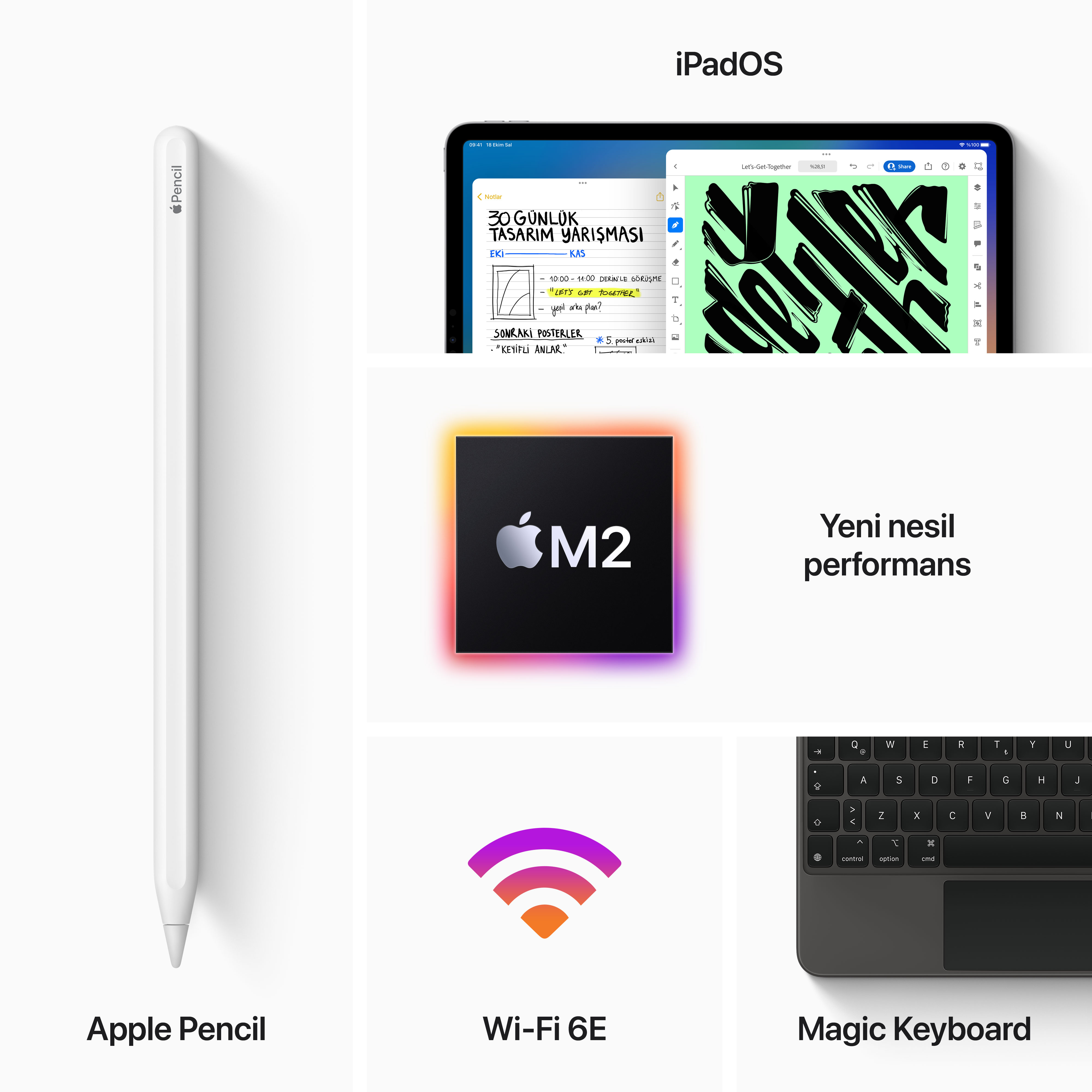 Beyaz Apple Pencil, Wi-Fi 6E logosu, Apple M2 çipi ve beyaz zemin üzerinde Magic Keyboard.