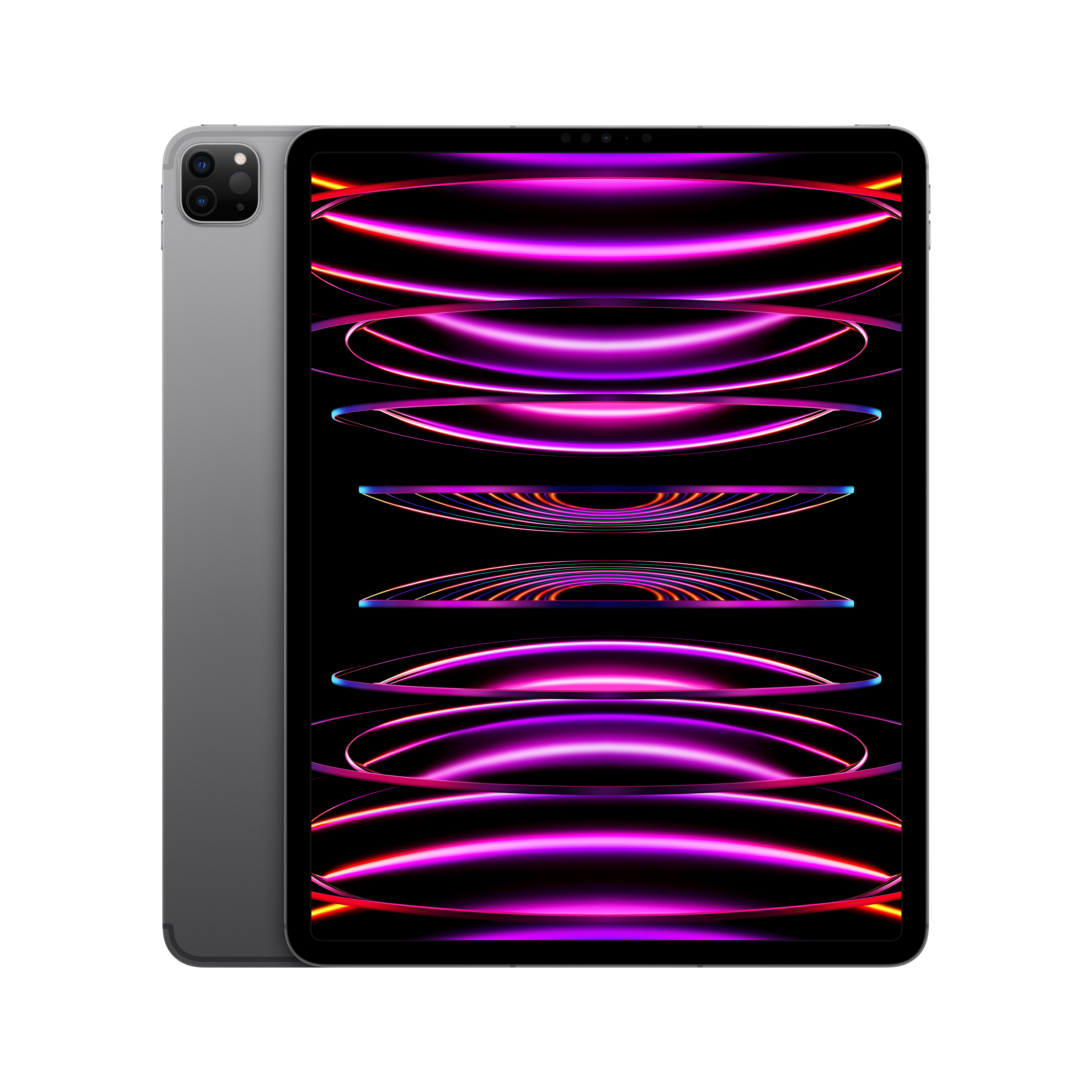 Gümüş iPad Pro, ekranlı ön görünüm ve sol tarafta arka görünüm.