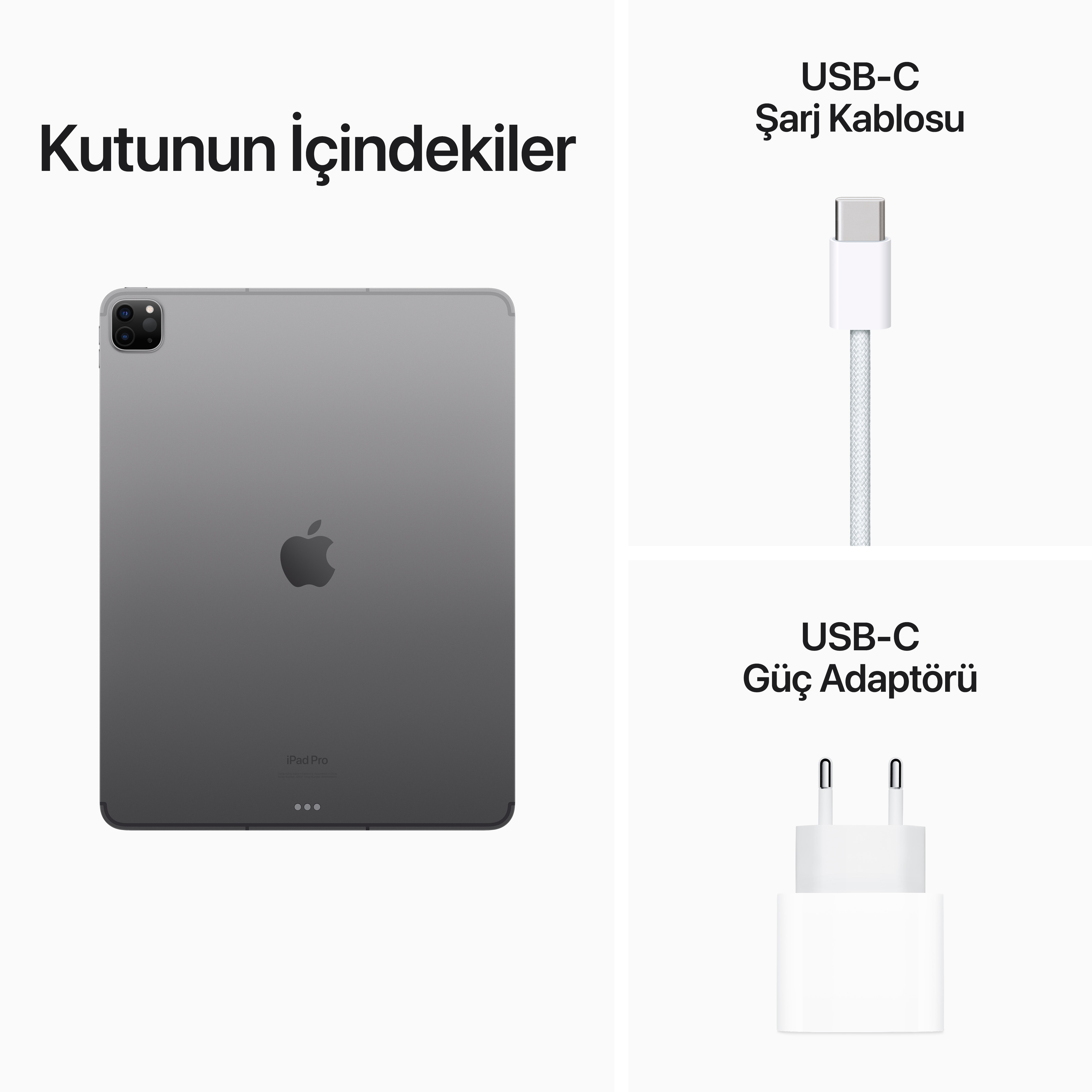 iPad Pro, şarj cihazı ve kablo. iPad koyu gri. Beyaz aksesuarlar, pembe iPad ile aynı düzen.