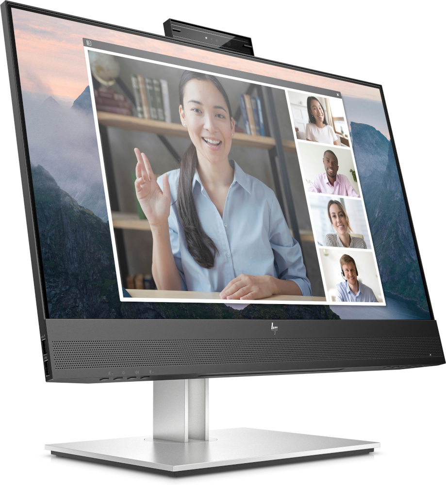 All-in-one computer showing a video call with multiple participants.