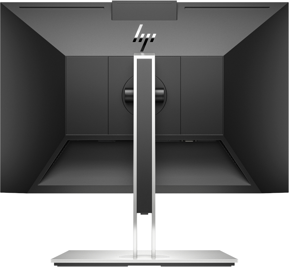 Back of computer monitor. Silver stand, black screen with HP logo.