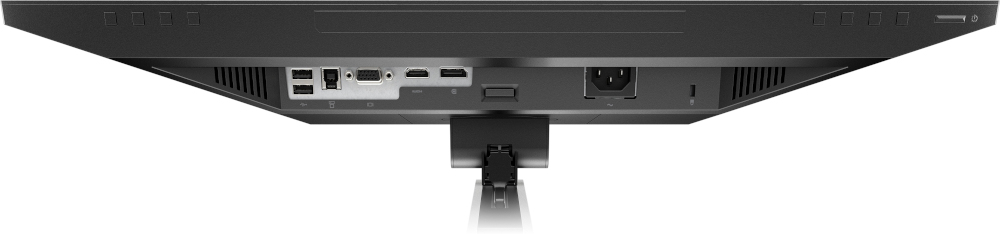 Underside of a black monitor, showing various ports and connections, and a stand attachment.