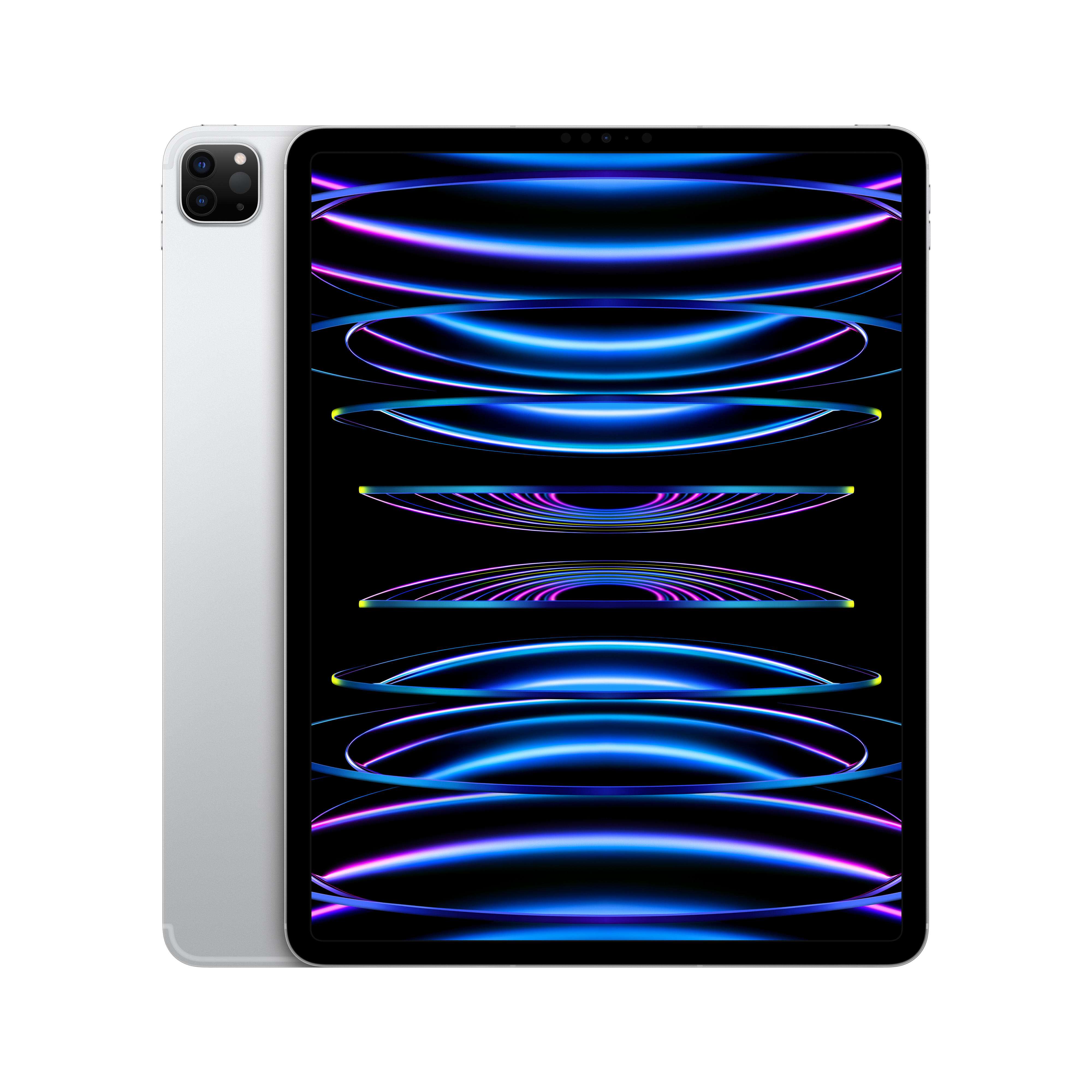 Beyaz bir arka plan üzerinde gümüş renkli bir tablet. Ekran mavi ve mor çizgiler gösteriyor.