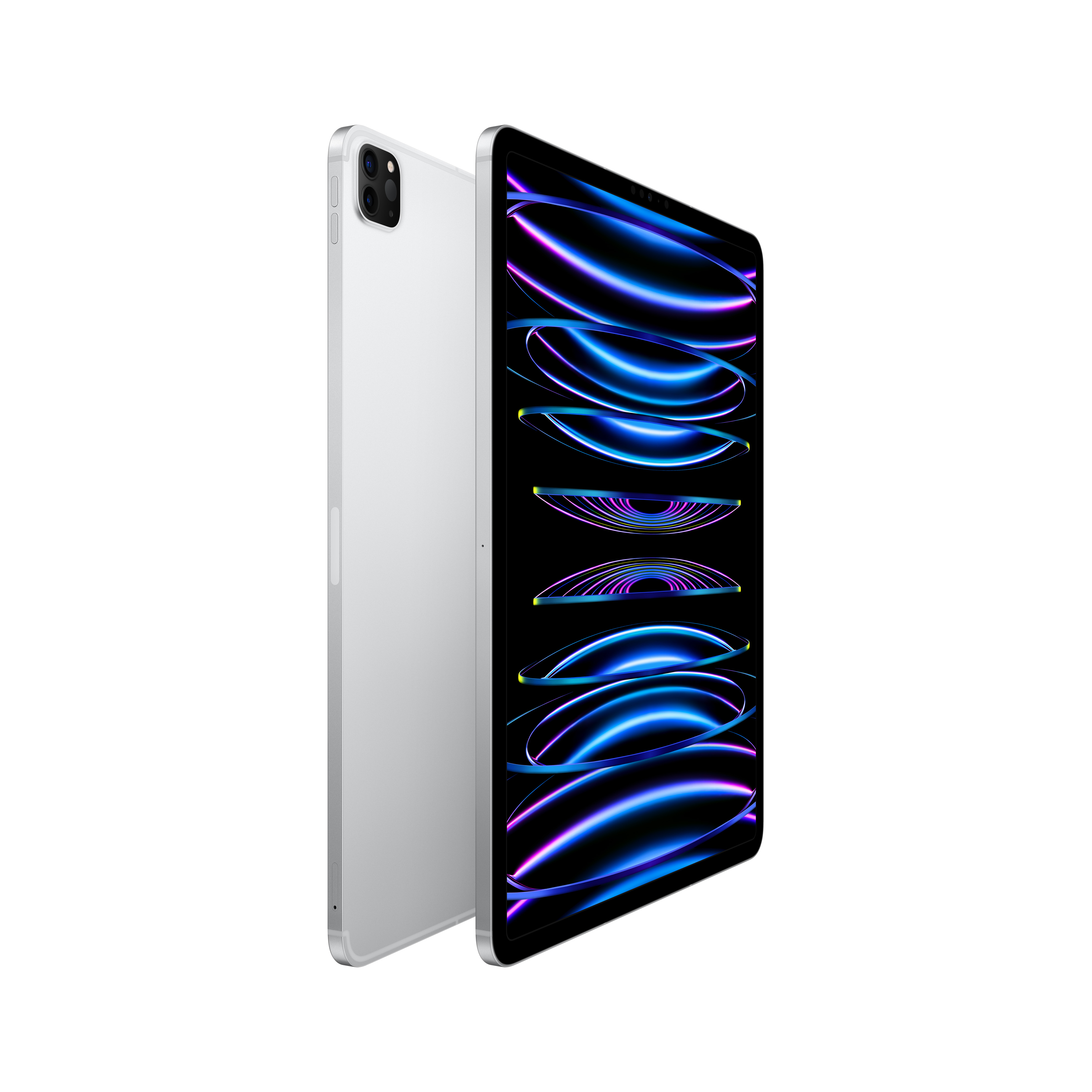 Beyaz arka planda gümüş bir iPad Pro, renkli, soyut bir ekran tasarımı gösteriyor.