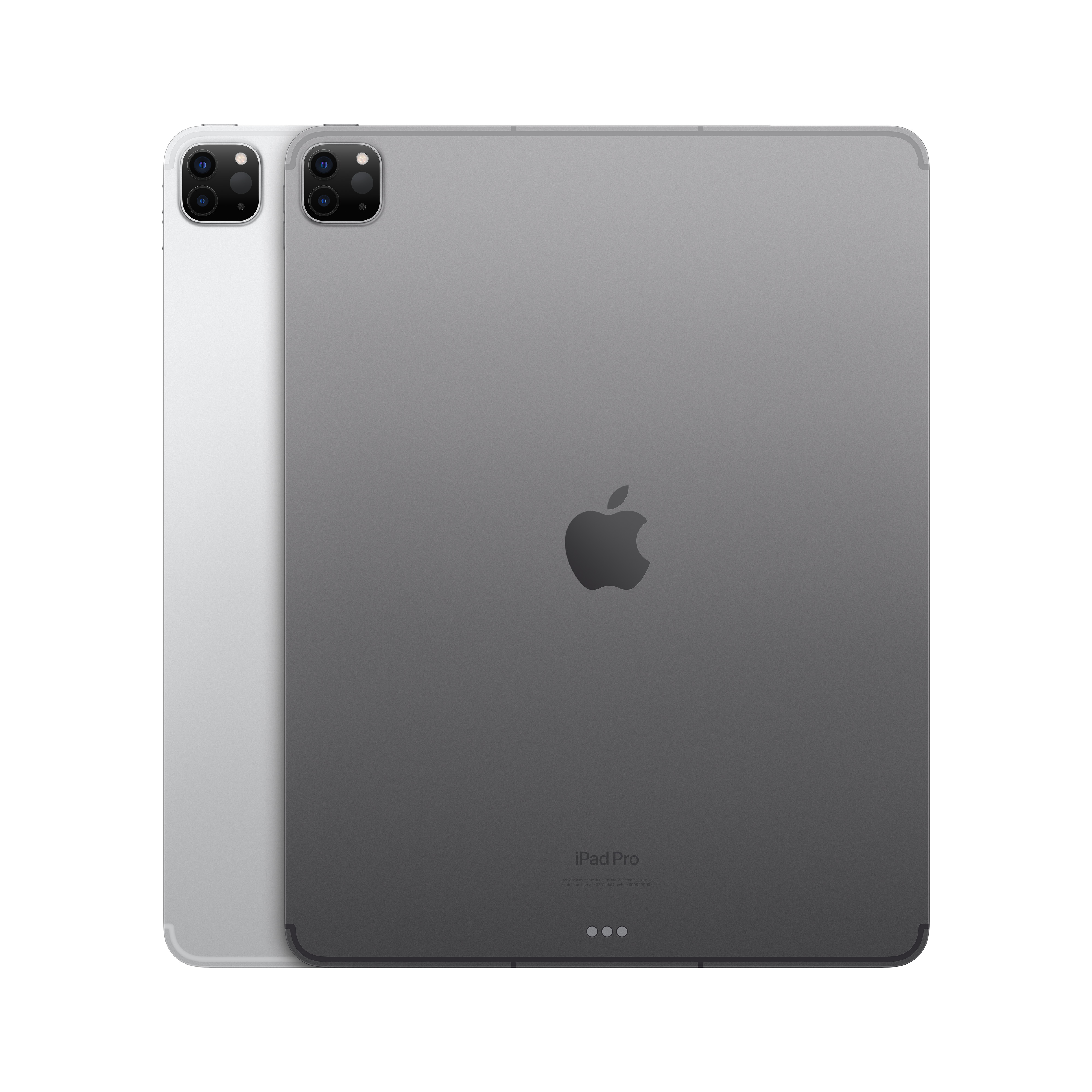 İki gümüş iPad, biri Apple logosu ve koyu gri bir iPad Pro ile arkasını gösteriyor.