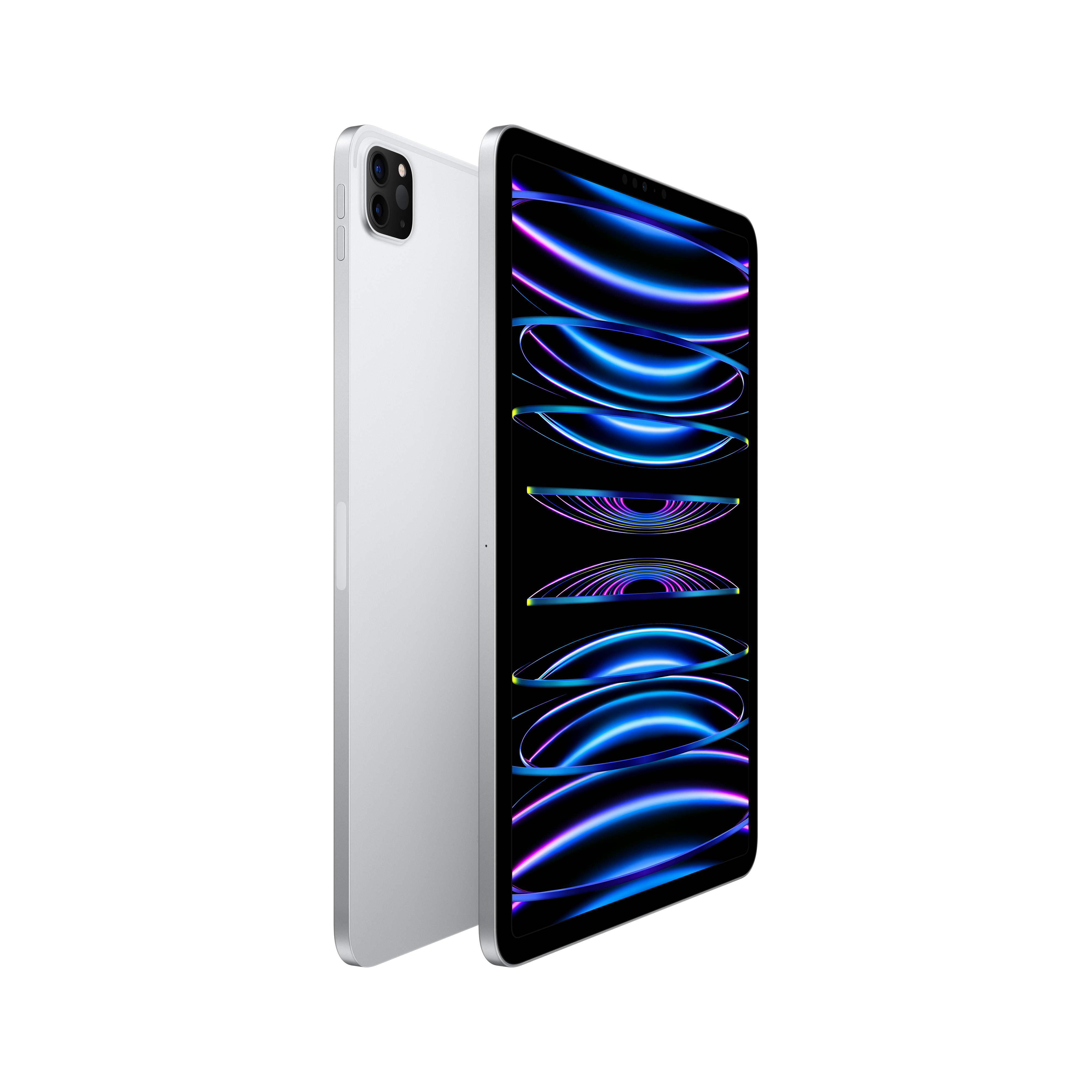 Ekranında renkli bir tasarım gösteren gümüş bir tablet, açılı. Arka tarafı görünüyor.