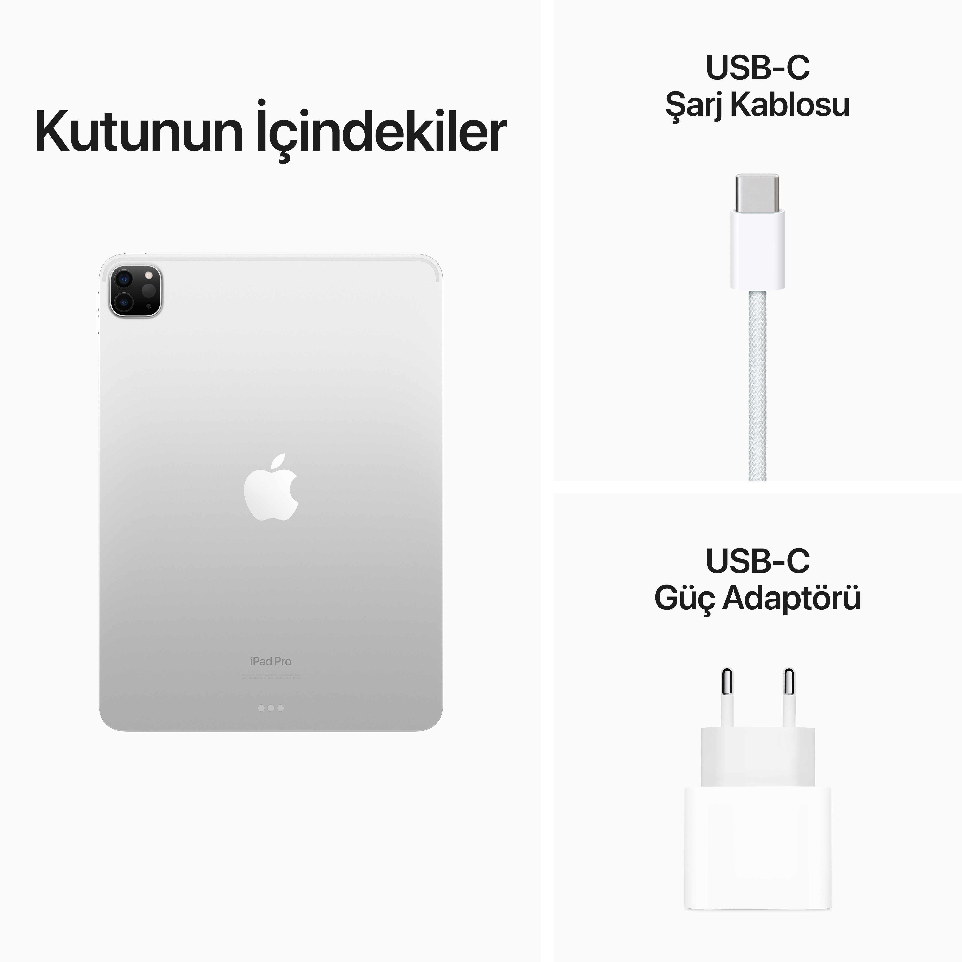Beyaz zemin üzerinde bir iPad Pro, USB-C kablosu ve USB-C güç adaptörü.
