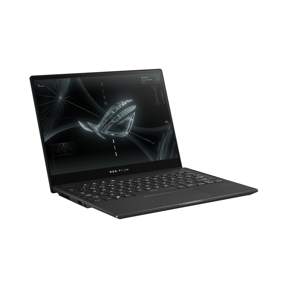 Ordenador portátil negro con tapa abierta. Pantalla con logotipo blanco. Teclado visible. Fondo blanco.