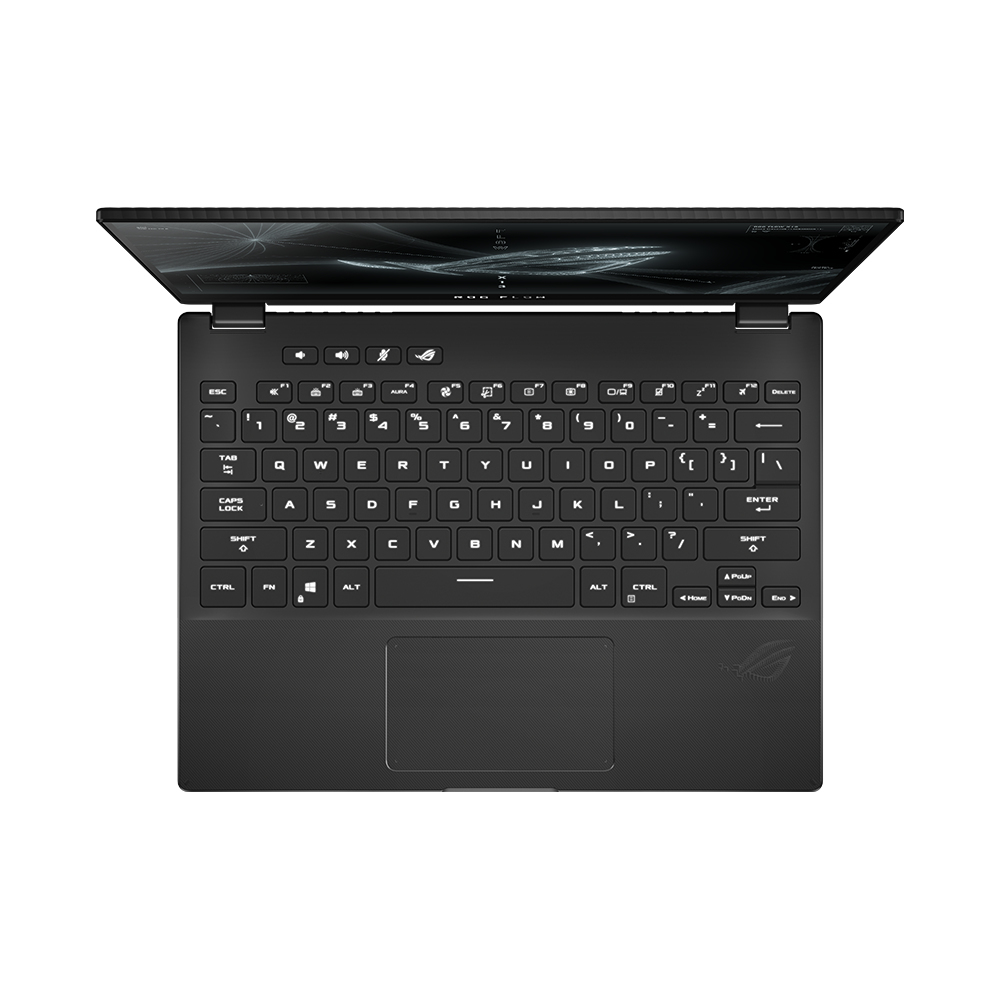 Ordenador portátil negro, abierto, con teclado visible. Vista superior.