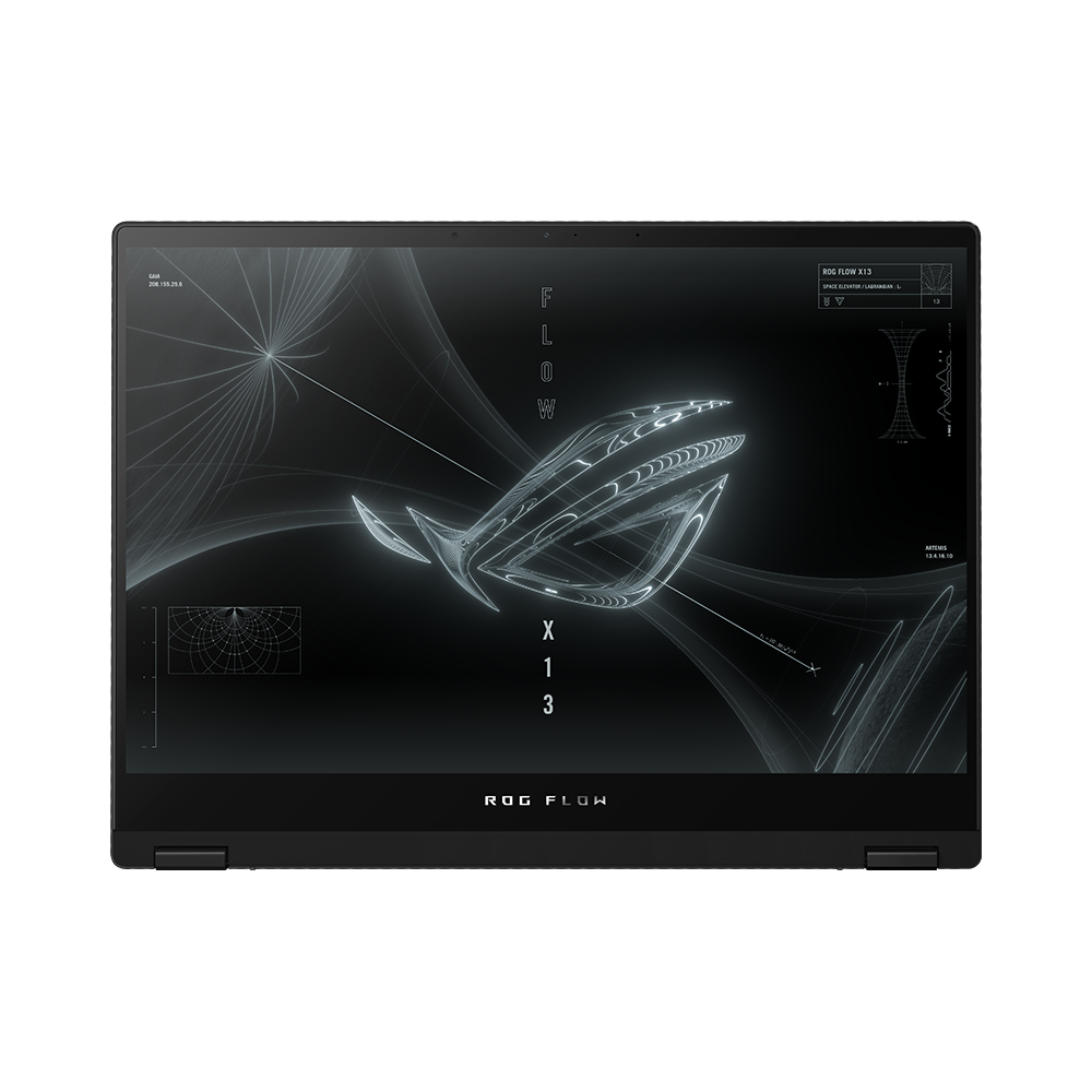 Un portátil negro abierto con un gráfico estilizado en la pantalla. El ROG Flow X13.