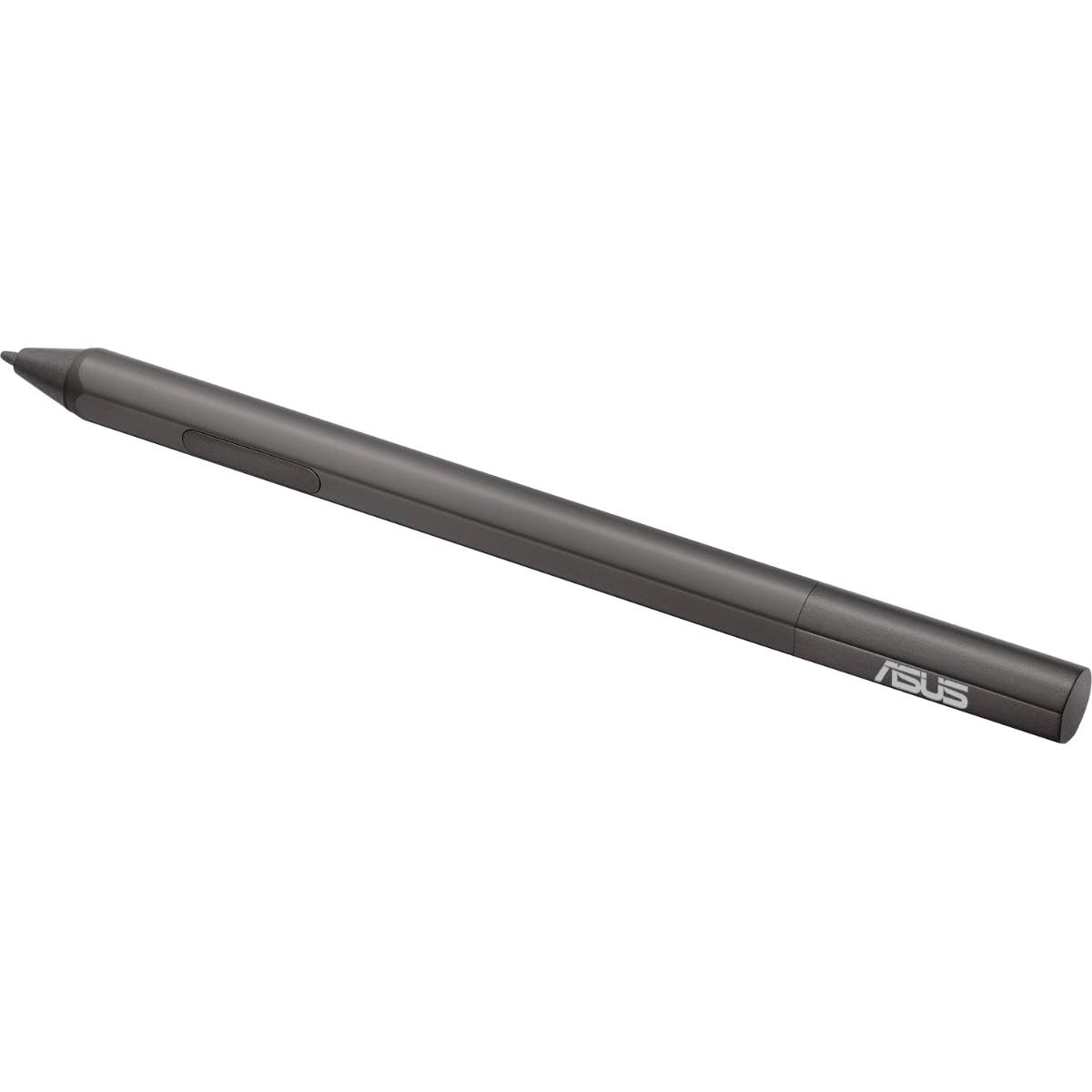 Un lápiz óptico ASUS gris oscuro. Tiene una punta redondeada y un botón lateral. El logo de ASUS está cerca del extremo.