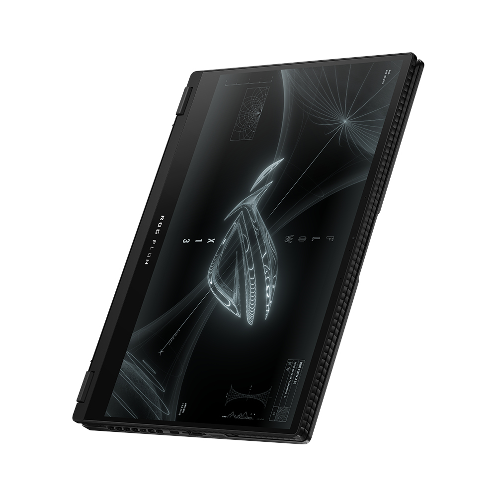 Portátil negro con pantalla abierta mostrando un diseño gráfico. La pantalla está inclinada.