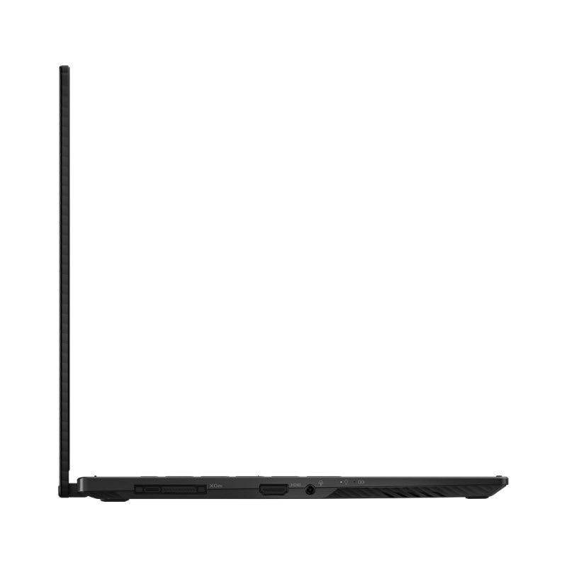Laptop de lado, color negro. Muestra puertos en los lados. Fondo blanco.